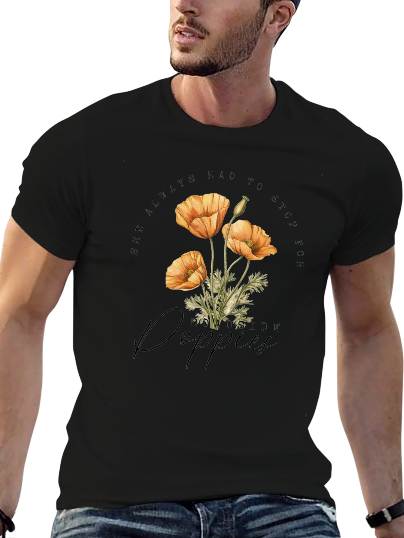 Black She Always Had to Stop for Roadside Poppies Graphic Tee view 6