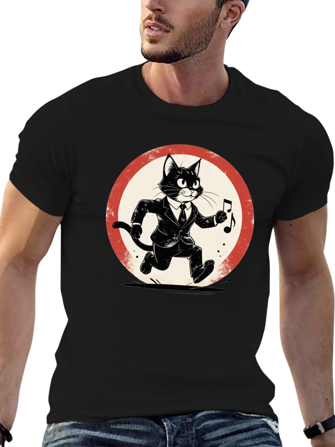 Black Cool Cat Jazz Musician Black T-Shirt view 6
