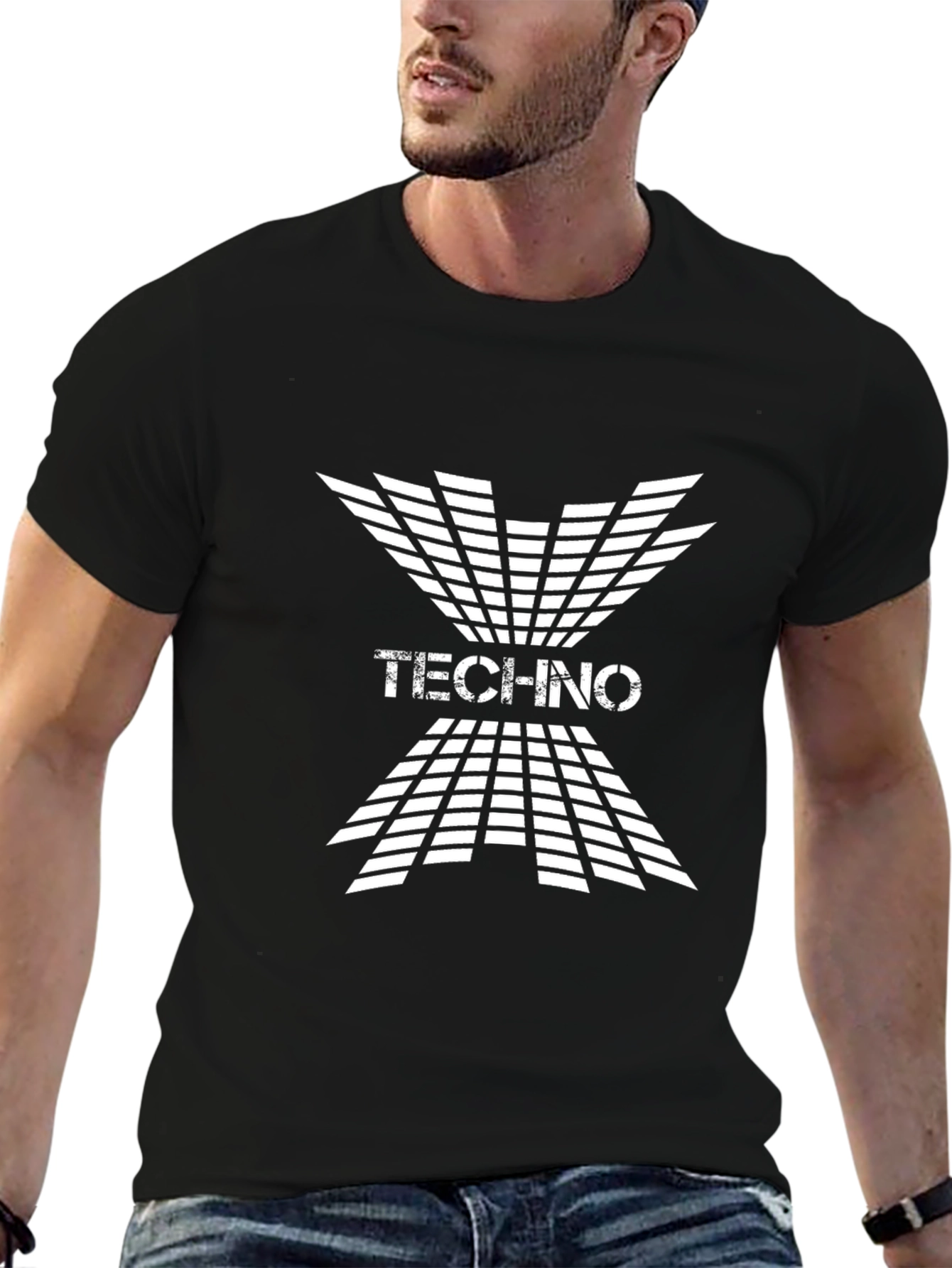 Black Techno Grid Graphic Black T-Shirt view 6