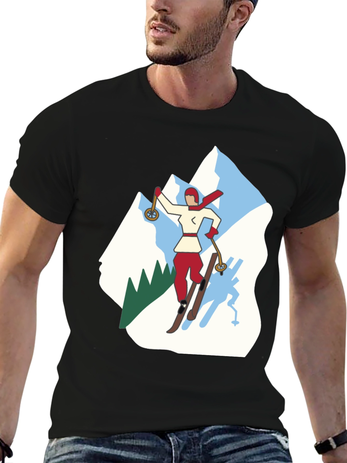 Black Retro Skiing Graphic Tee - Black Cotton T-Shirt view 6