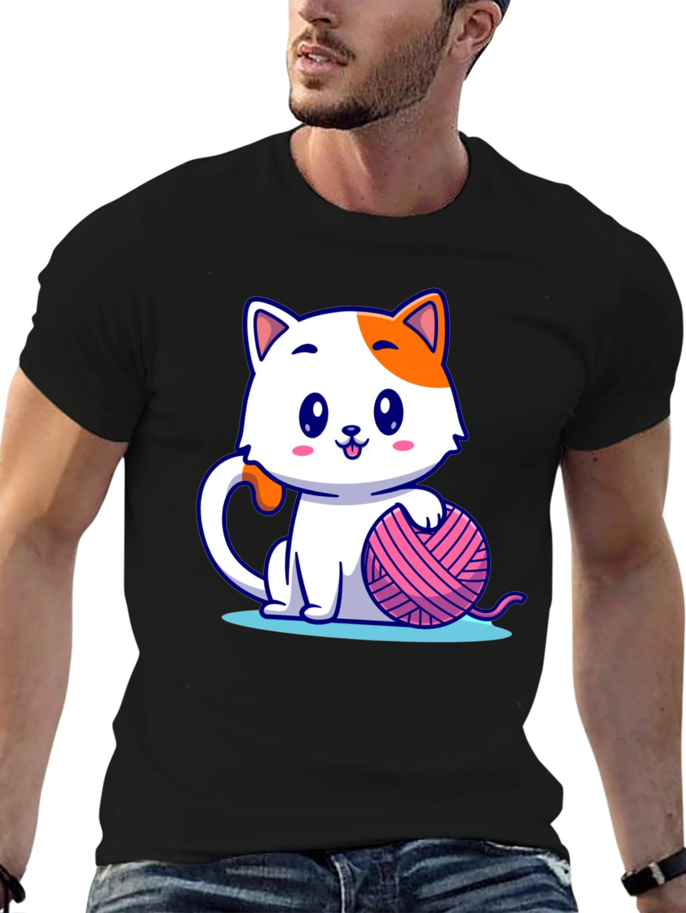 Black Cute Cartoon Cat with Yarn Ball Graphic Tee view 6