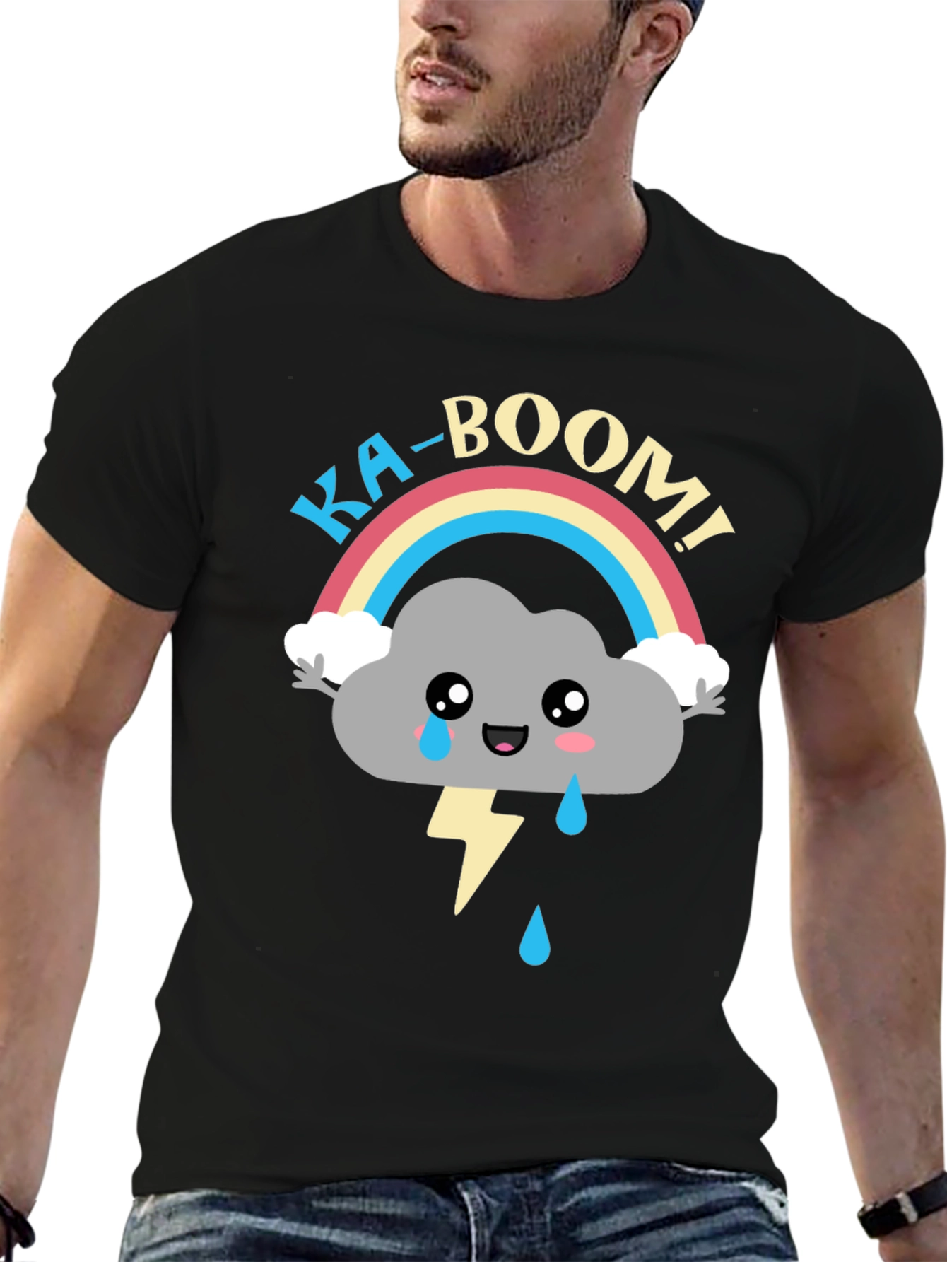 Black Ka-Boom Rainbow Cloud T-Shirt Funny Graphic Tee view 6