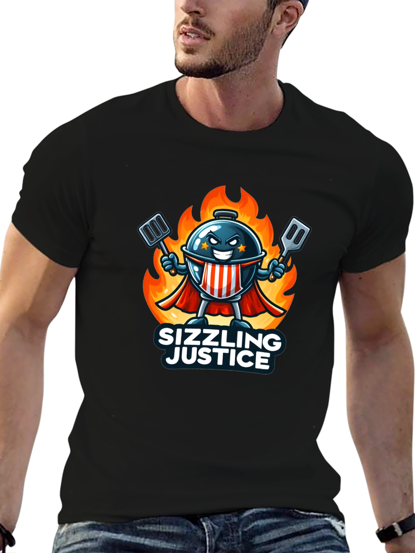 Black Sizzling Justice T-Shirt - Grill Master Hero Design view 6