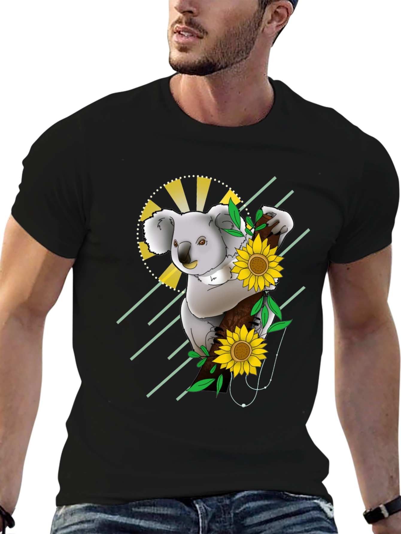 Black Koala & Sunflower Graphic Black T-Shirt view 6