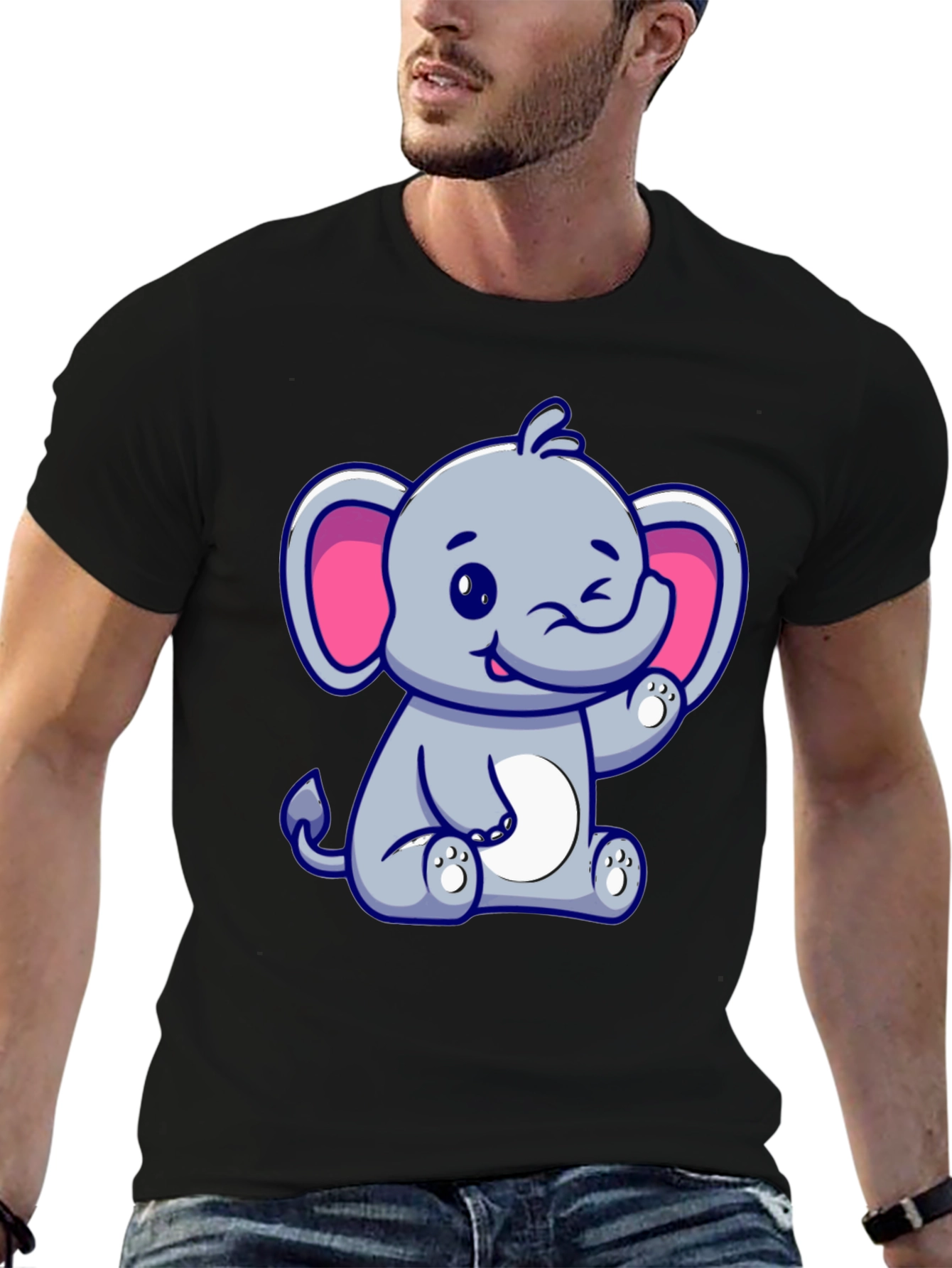 Black Cute Cartoon Elephant Graphic Tee - Black Cotton Shirt view 6