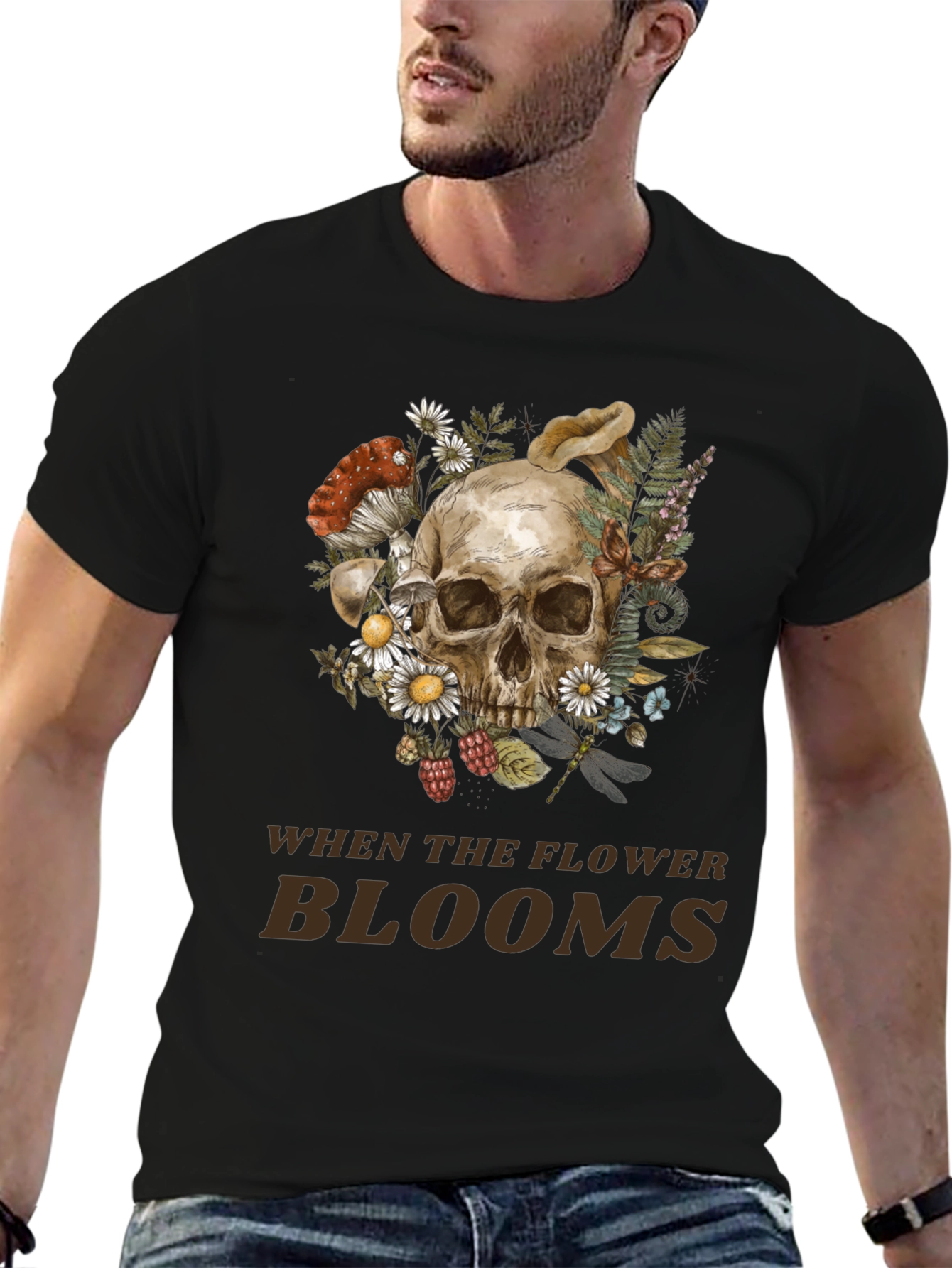 Black Skull and Floral Graphic Print Tee view 6
