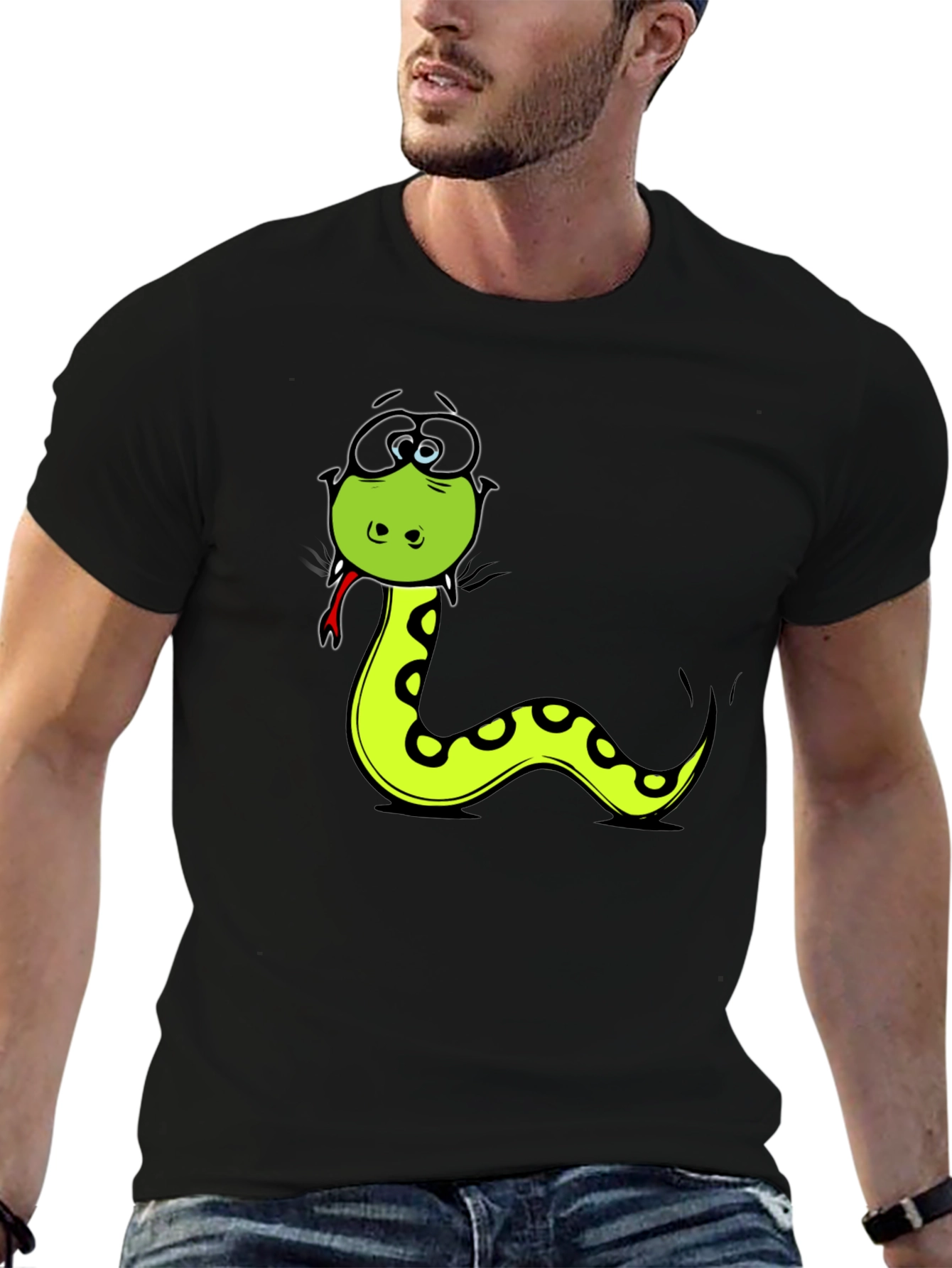 Black Funny Snake Cartoon Graphic T-Shirt view 6