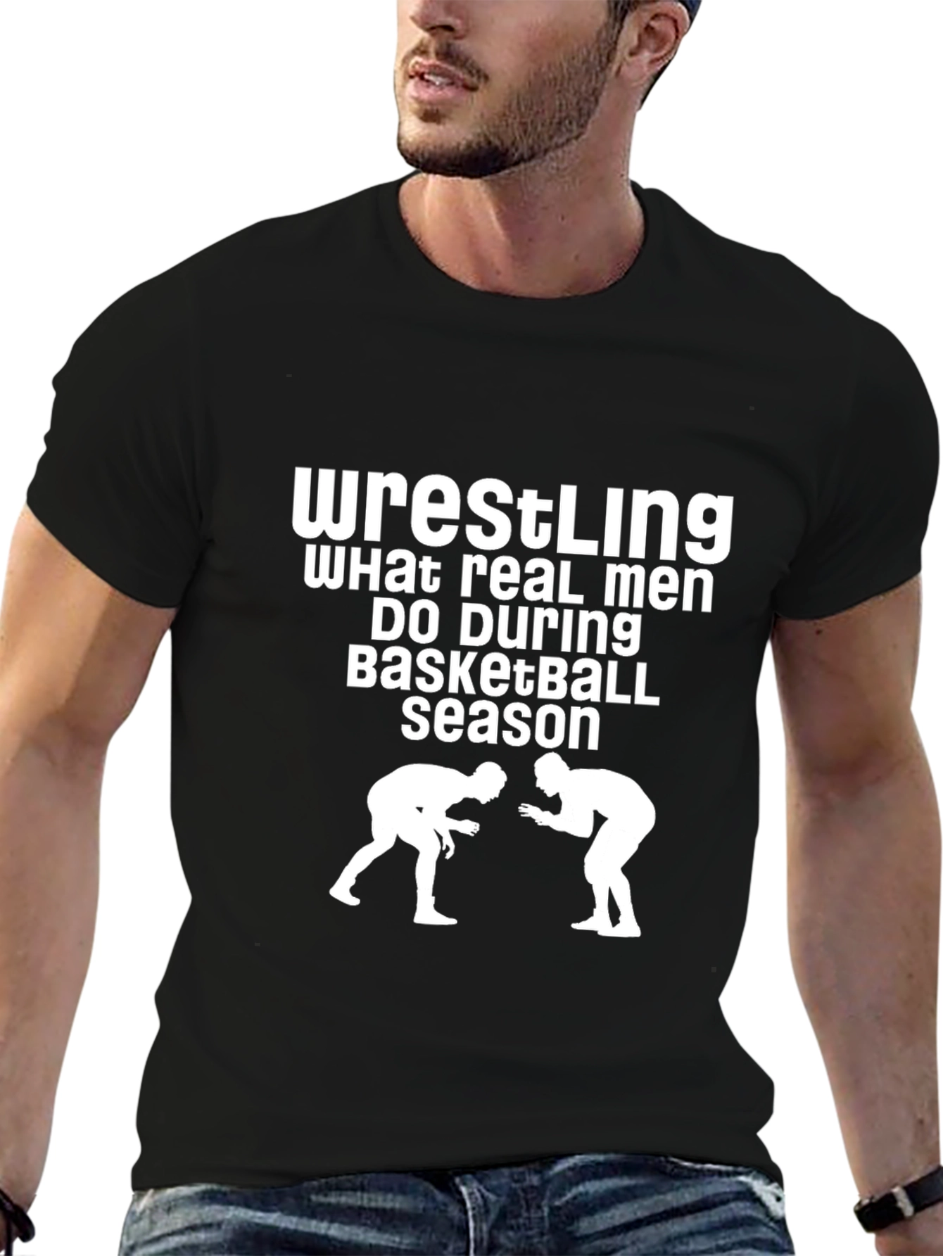 Black Wrestling Real Men's Graphic Tee view 6