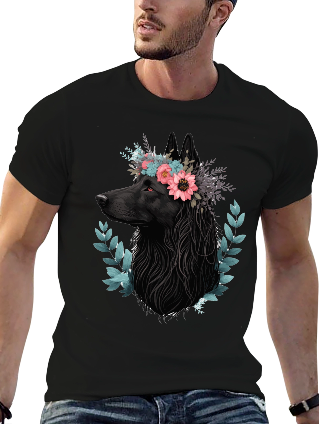 Black Black Wolf Floral Crown T-Shirt view 6