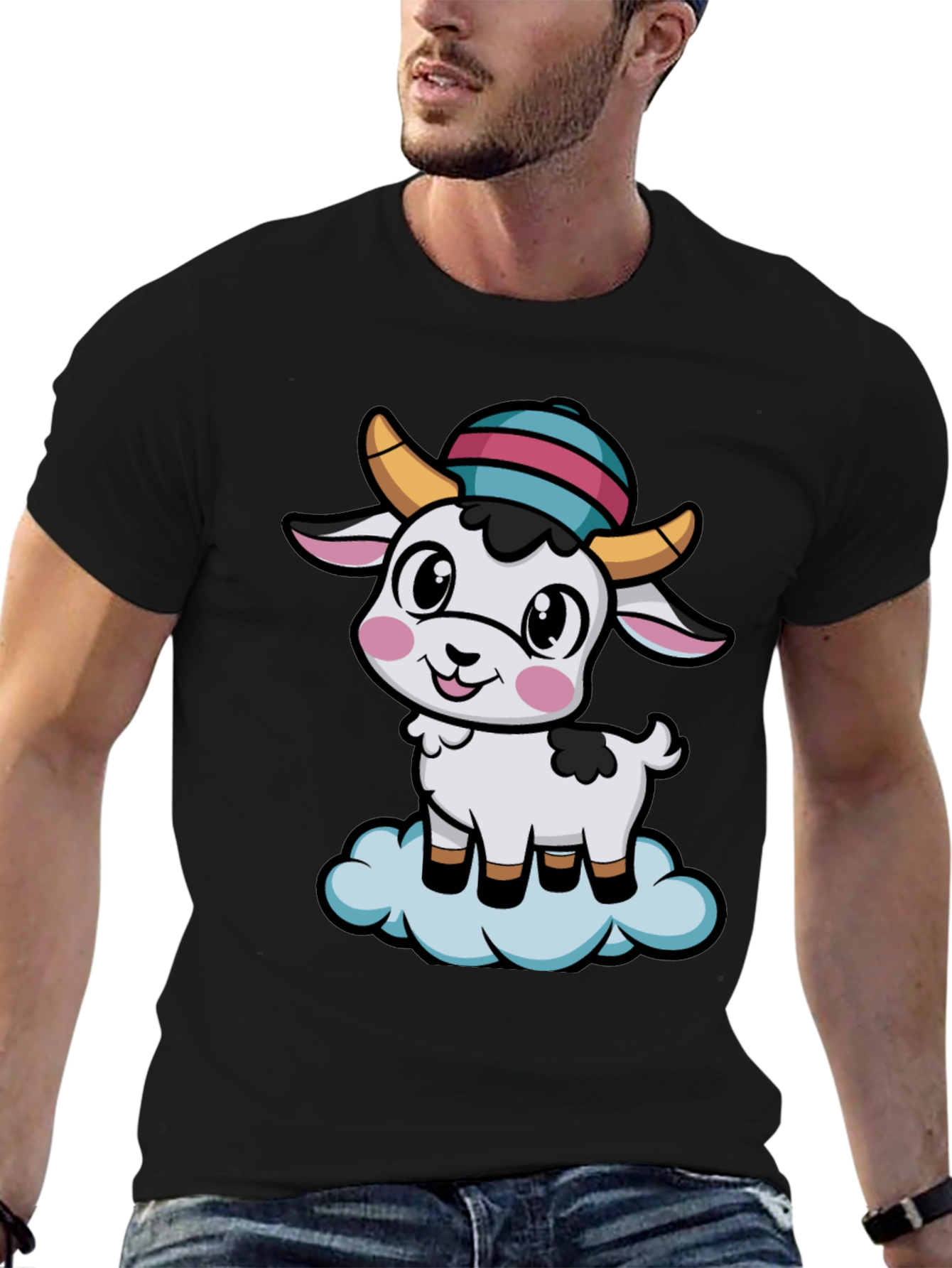 Black Cute Goat Cartoon T-Shirt view 6
