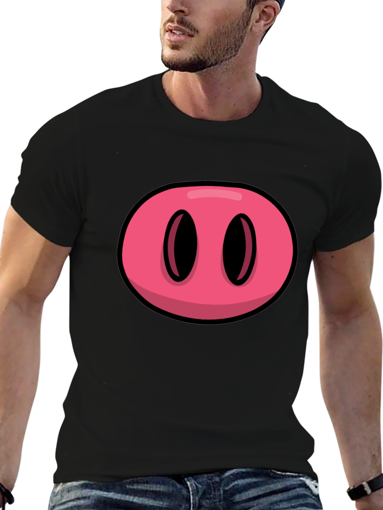 Black Cartoon Pig Nose Graphic Black T-Shirt view 6