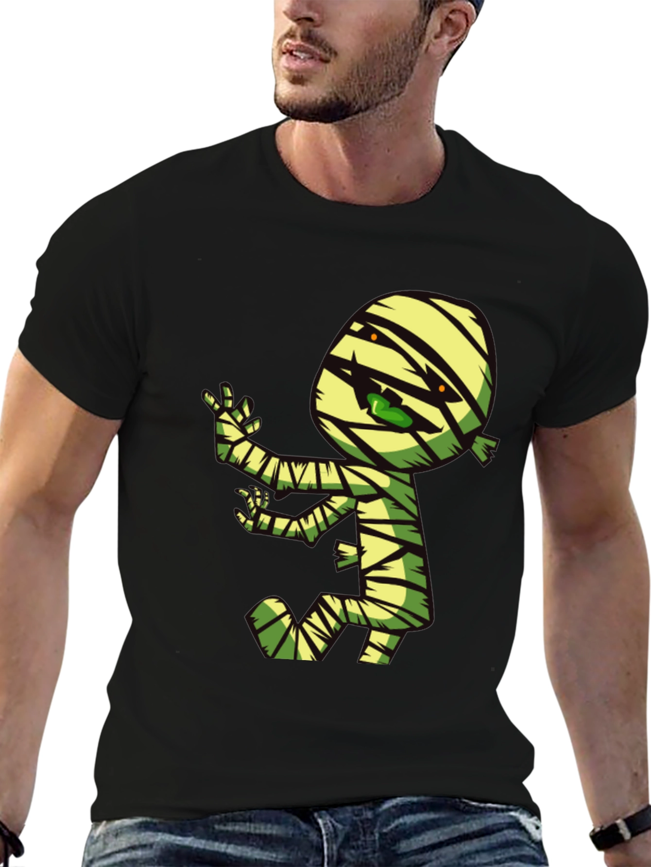 Black Cartoon Mummy Graphic T-Shirt - Spooky Fun! view 6