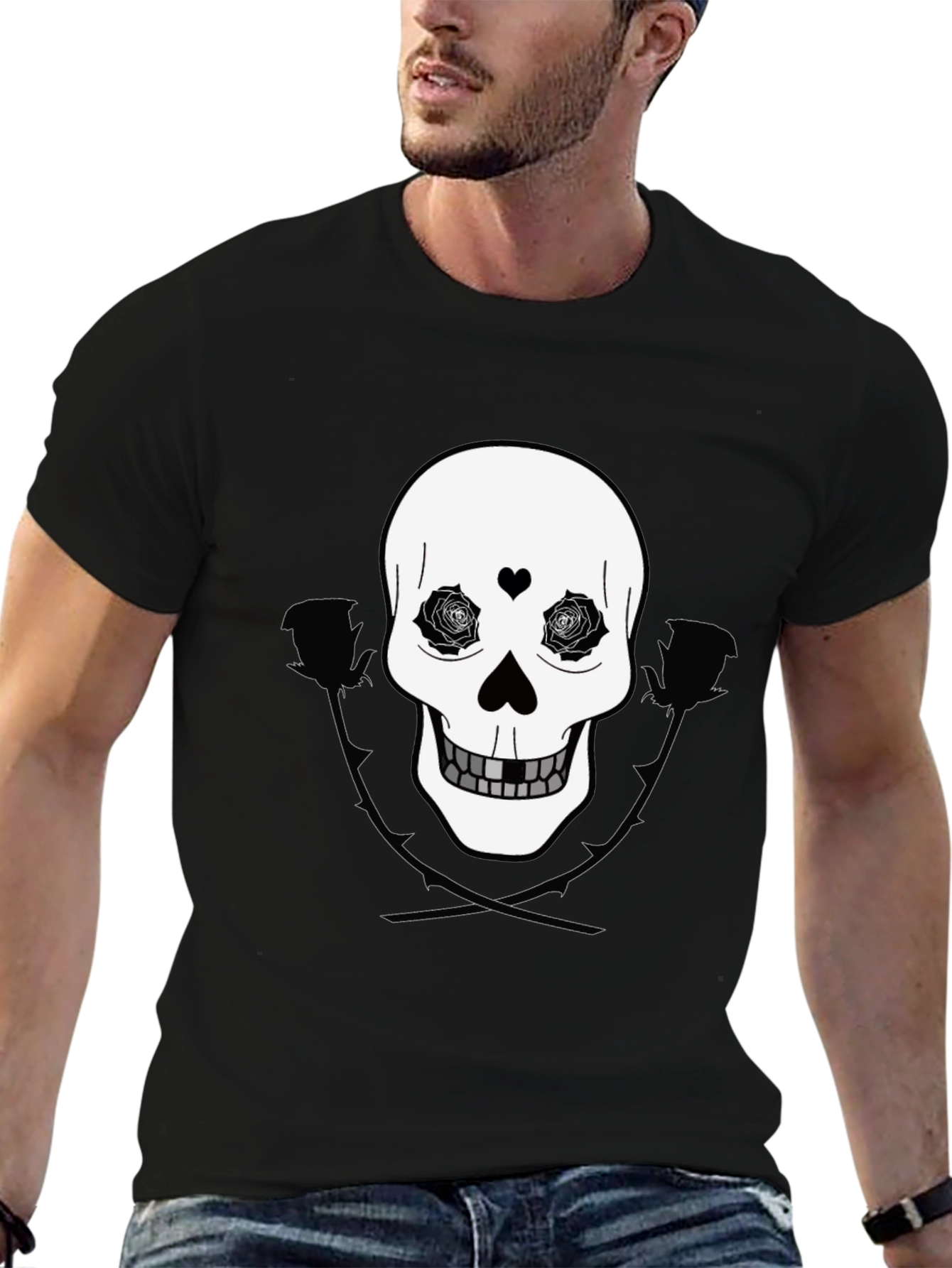 Black Skull & Roses Graphic Tee - Black Cotton Casual Wear view 6