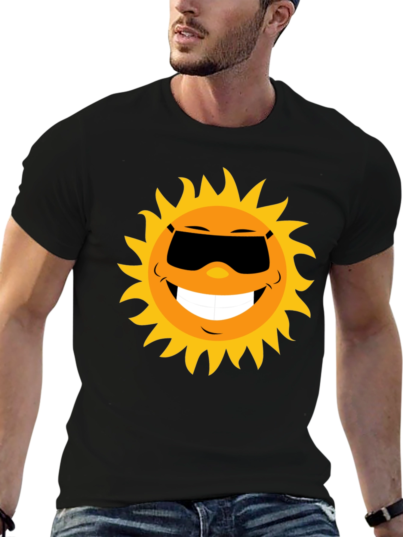 Black Smiling Sun Graphic Tee - Black Cotton Blend Shirt view 6
