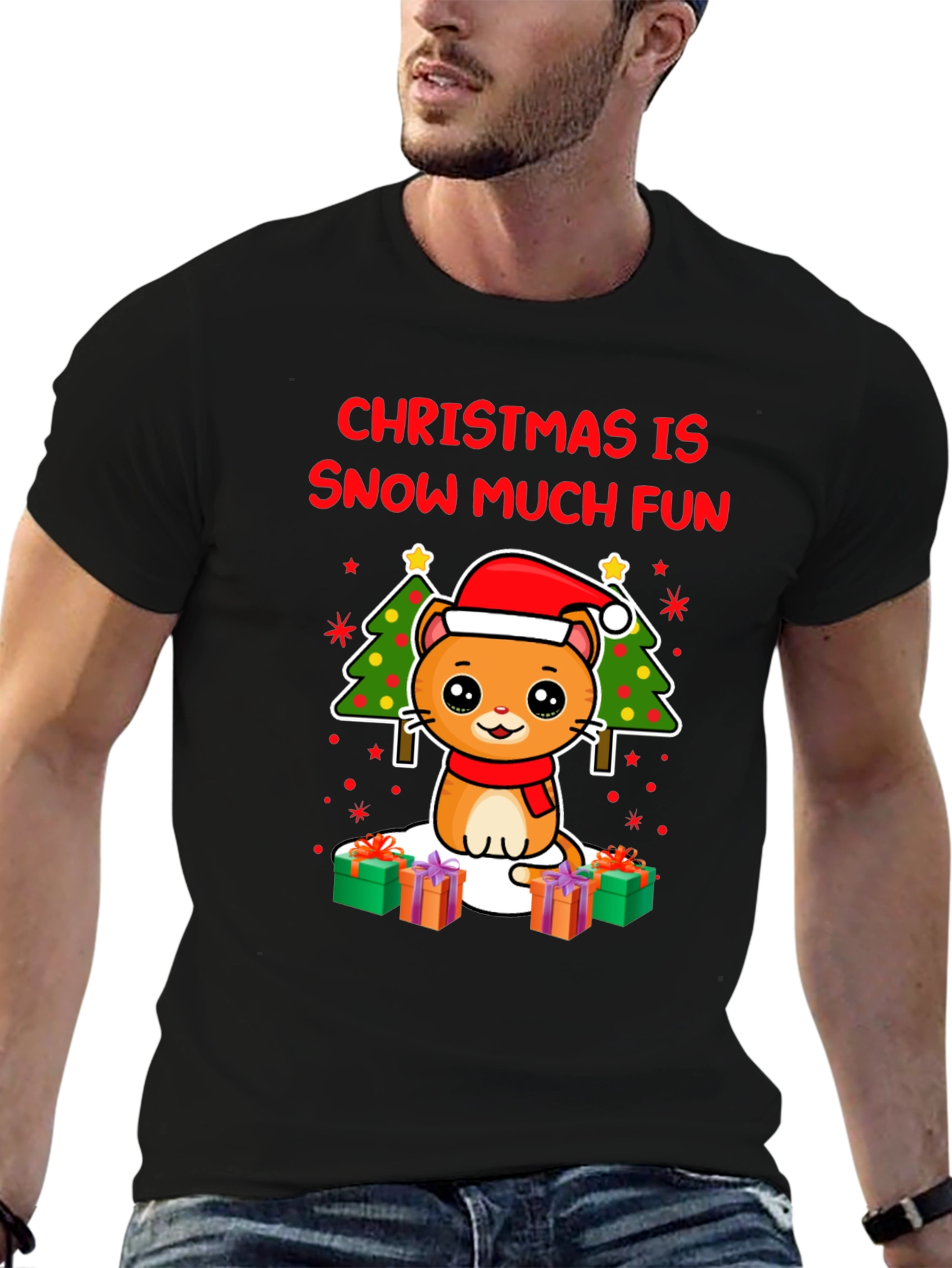 Black Christmas Cat T-Shirt - Snow Much Fun! view 6