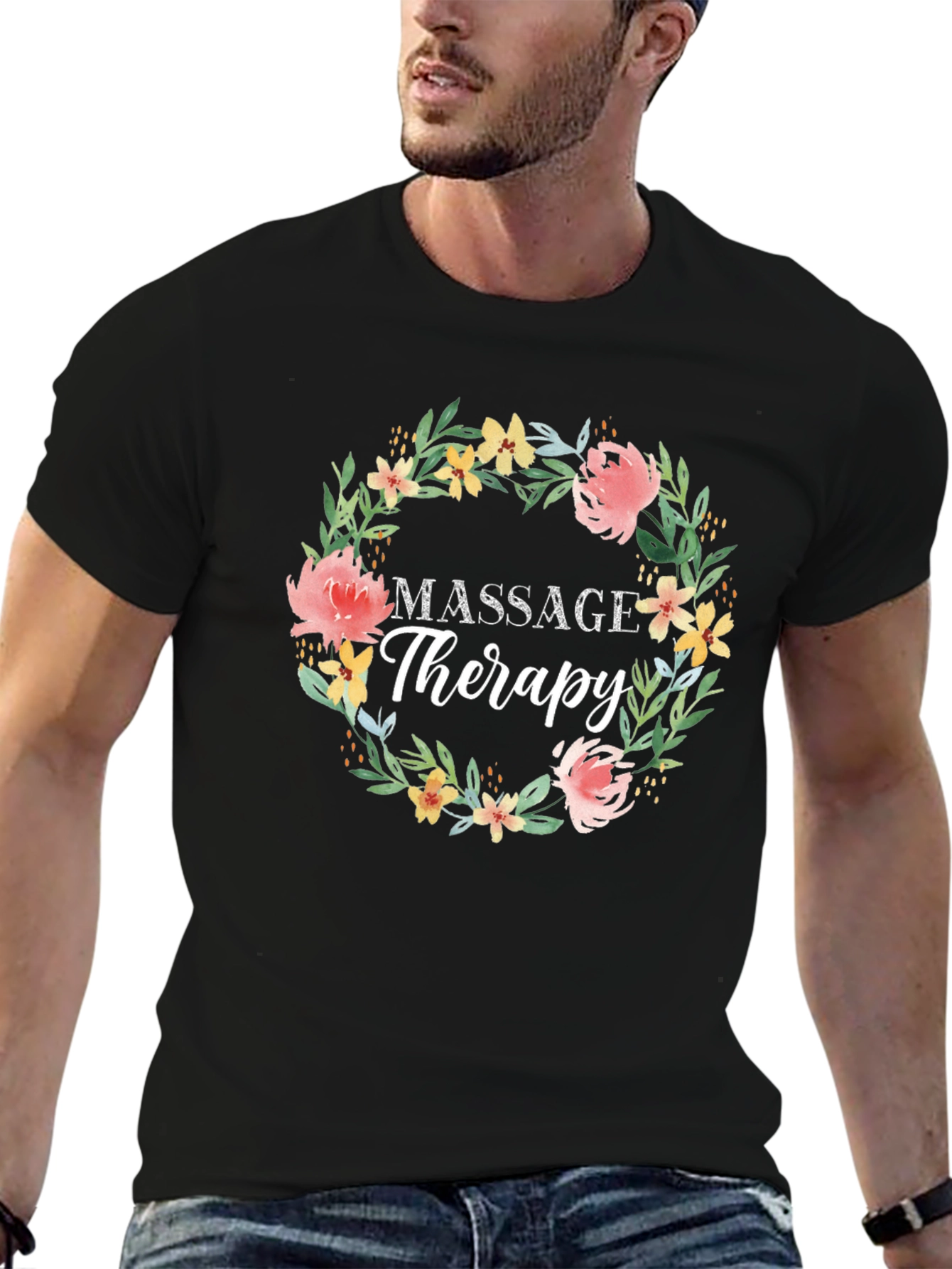 Black Massage Therapy Floral Wreath T-Shirt view 6
