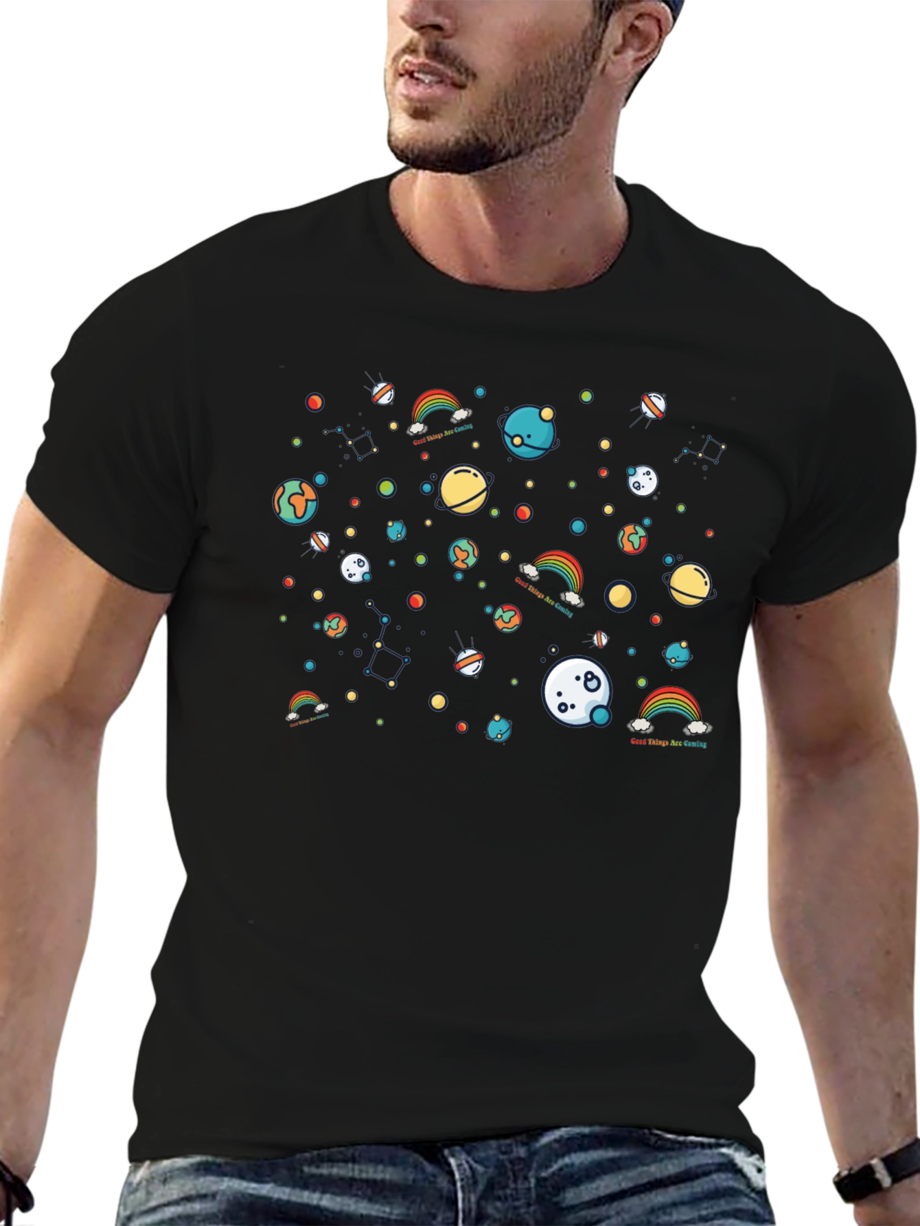 Black Cosmic Rainbows Graphic T-Shirt - Soft Cotton Blend view 6
