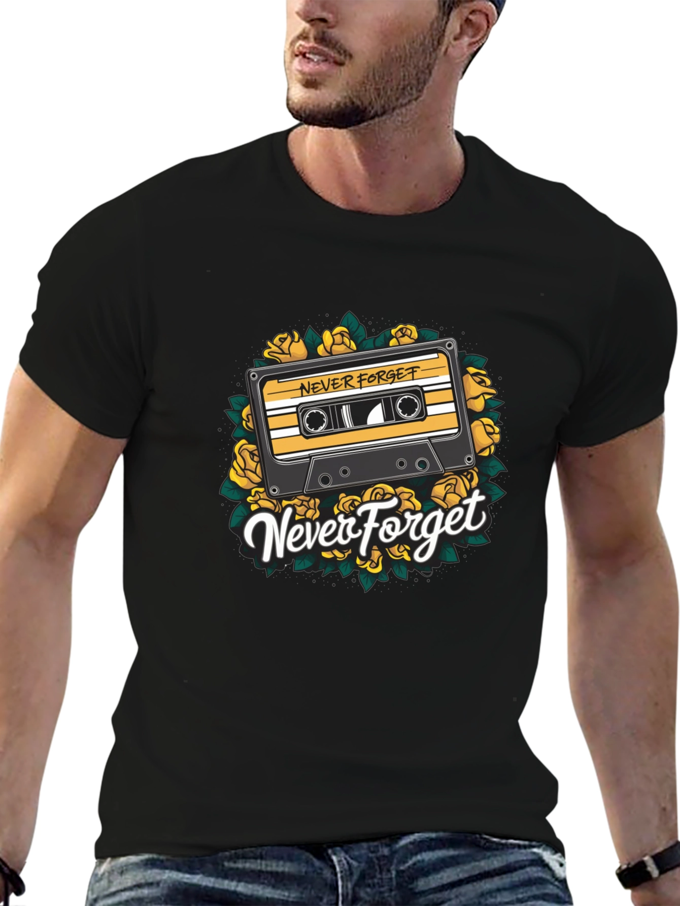 Black Retro Cassette & Roses Graphic T-Shirt - Never Forget view 6