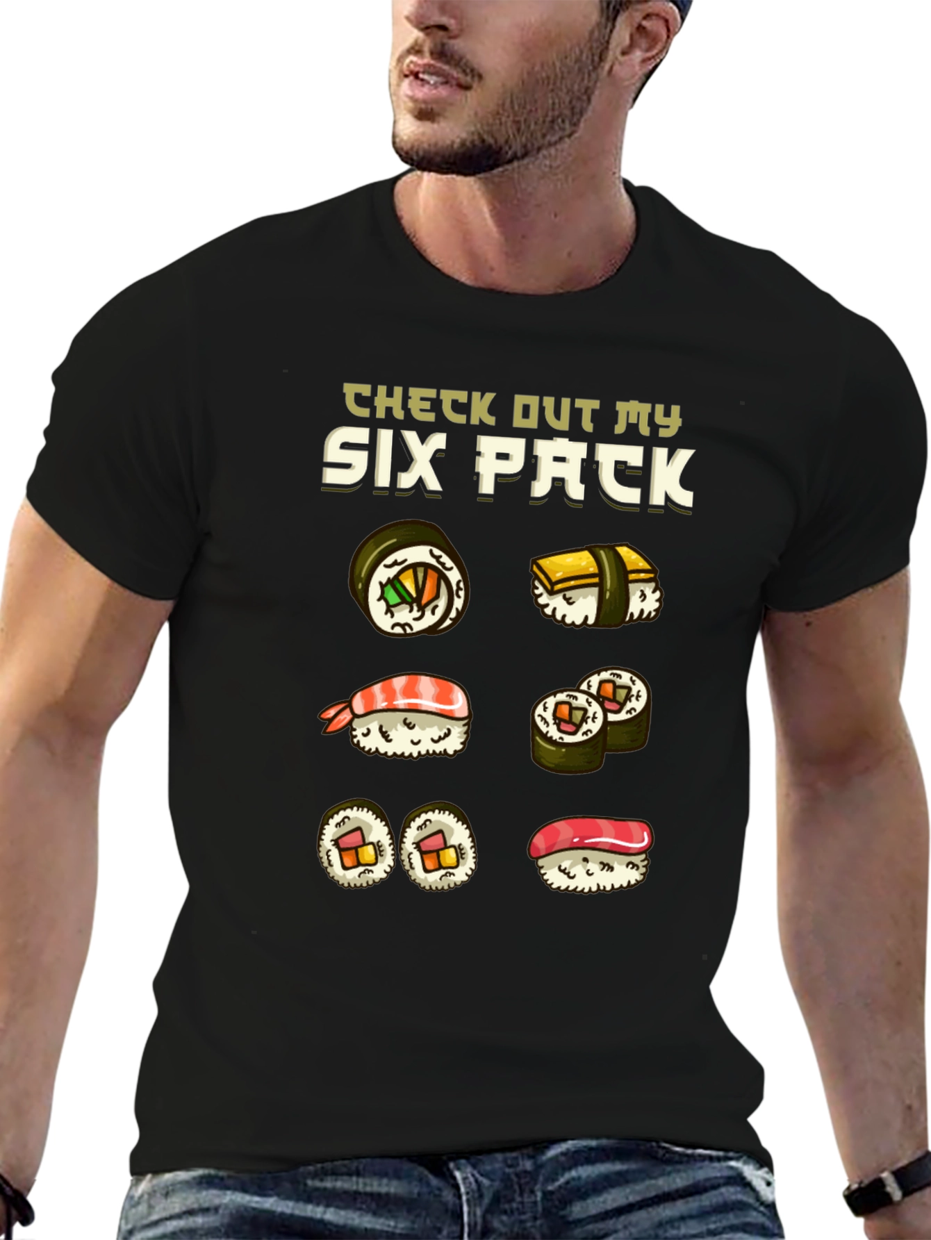 Black Sushi Six Pack Funny T-Shirt view 6