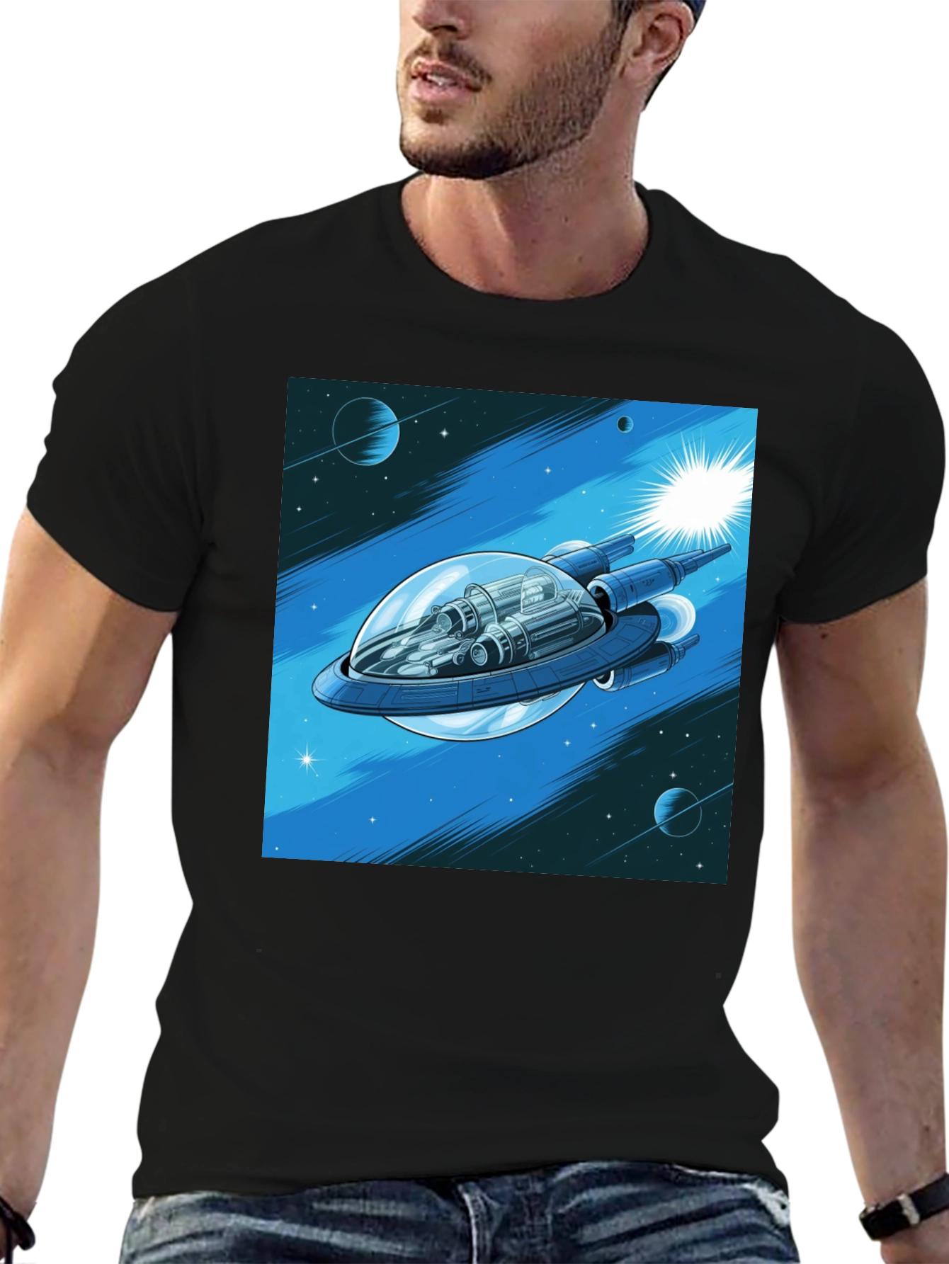 Black Sci-Fi Spaceship Graphic T-Shirt view 6