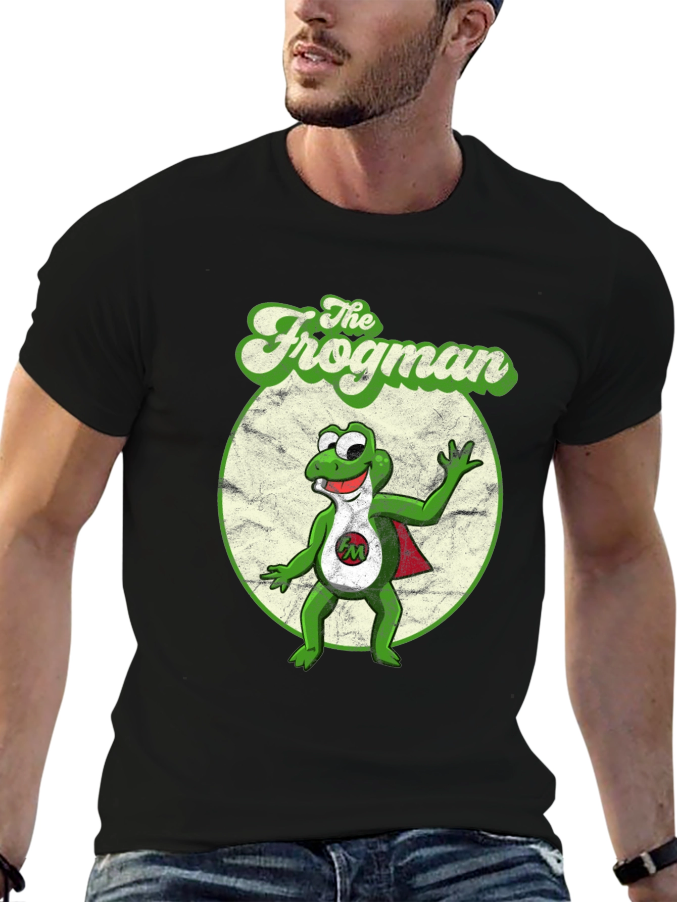 Black The Frogman Black T-Shirt - Retro Cartoon Superhero Tee view 6