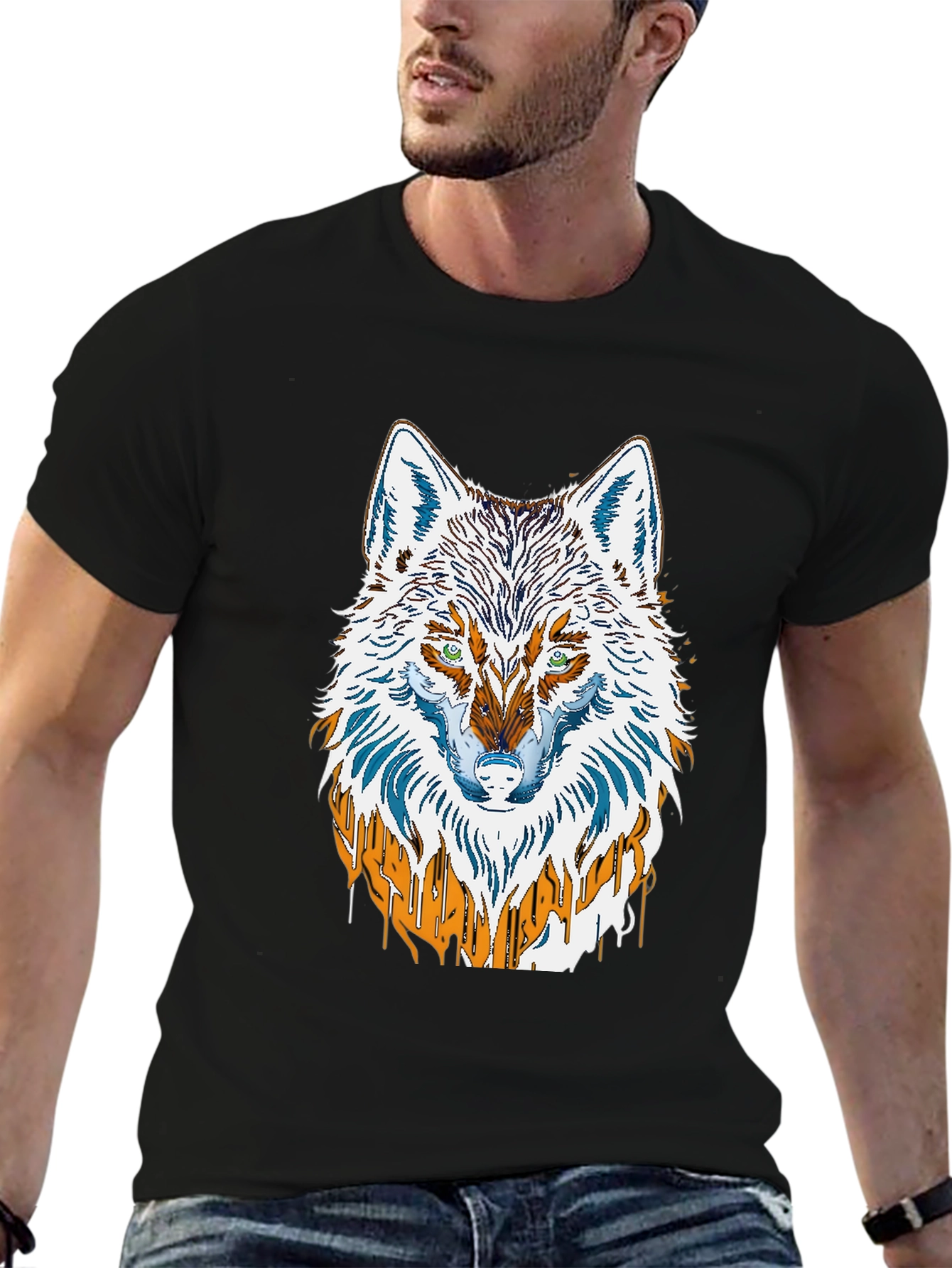 Black Wolf Graphic Print Men's Black T-Shirt view 6