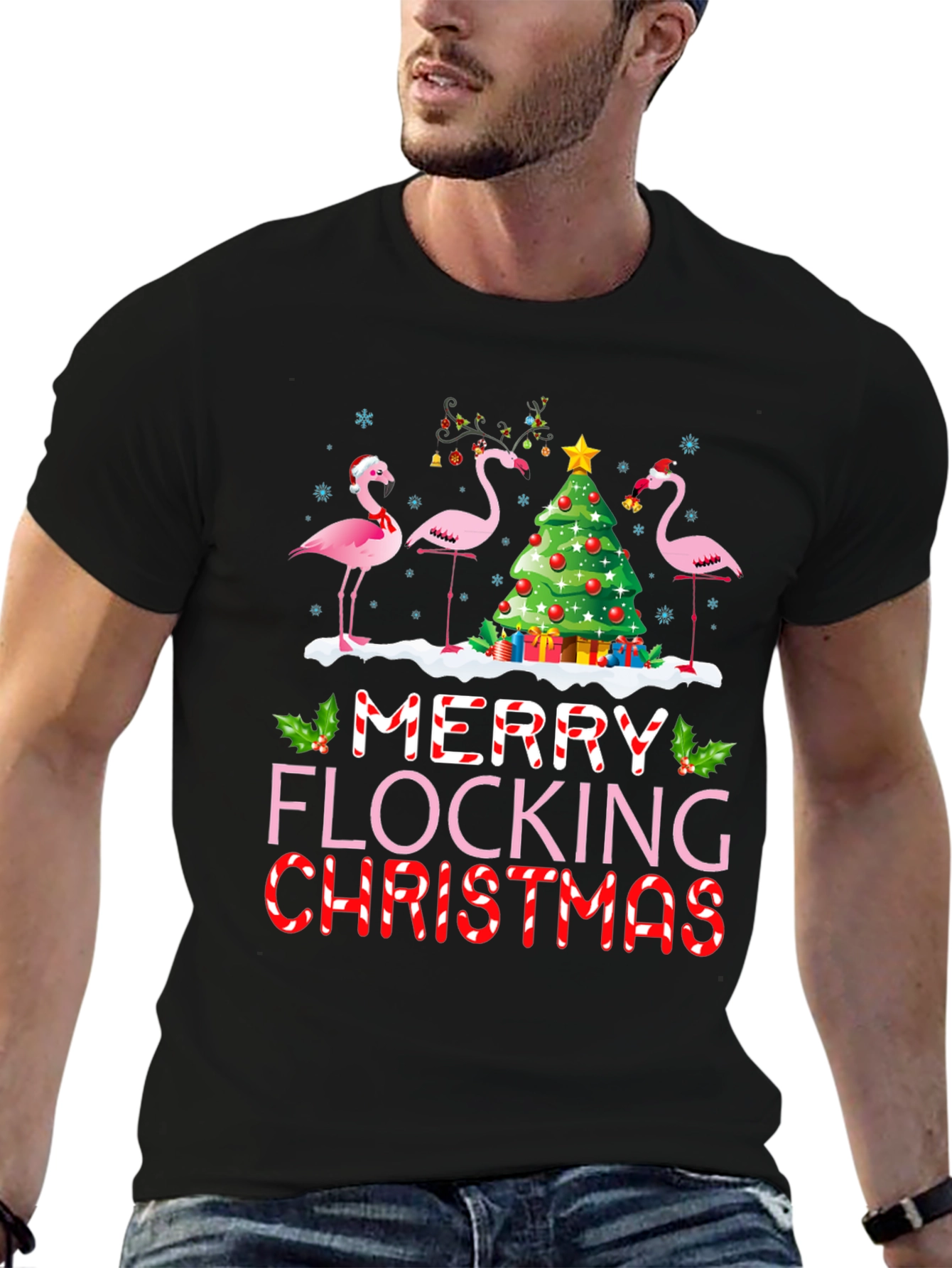 Black Merry Flocking Christmas Flamingo Holiday T-Shirt view 6