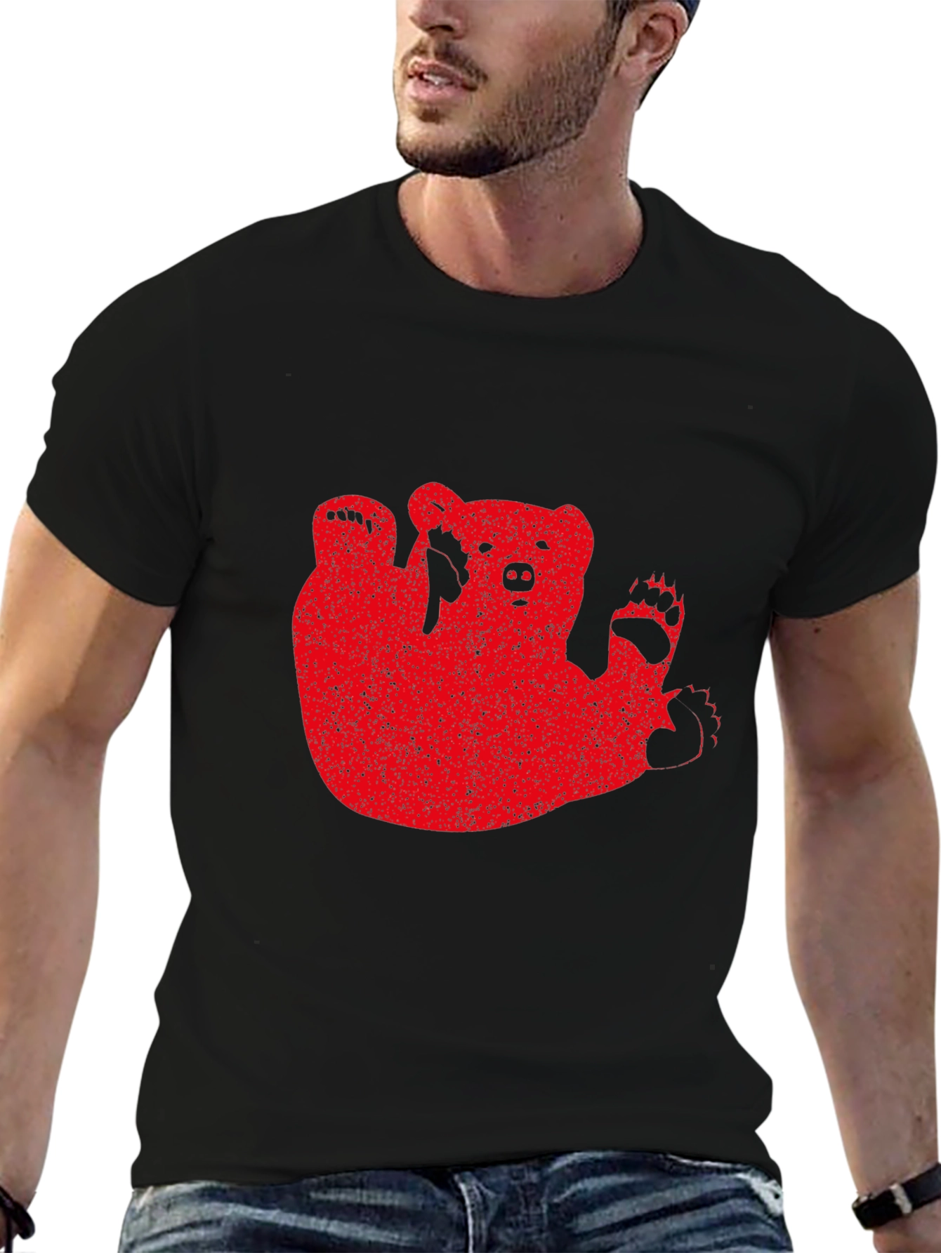 Black Red Bear Graphic Black T-Shirt Casual Wear view 6