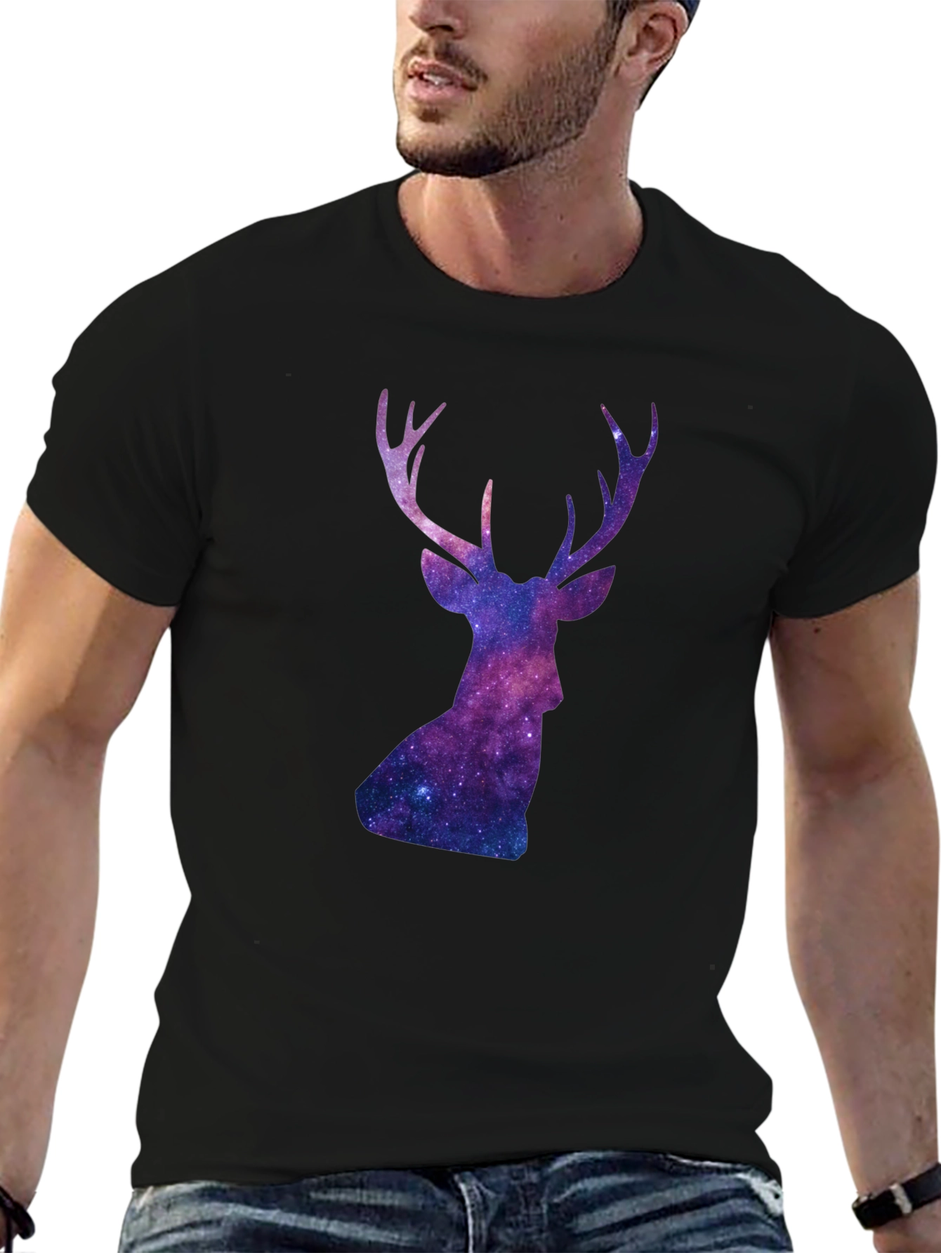 Black Cosmic Deer Graphic Tee - Black Cotton Blend view 6