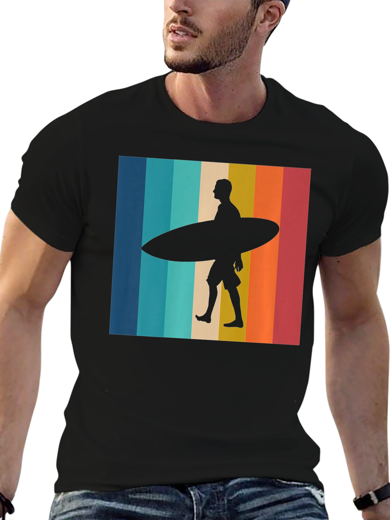 Black Retro Surfer Graphic Tee - Black Cotton T-Shirt view 6