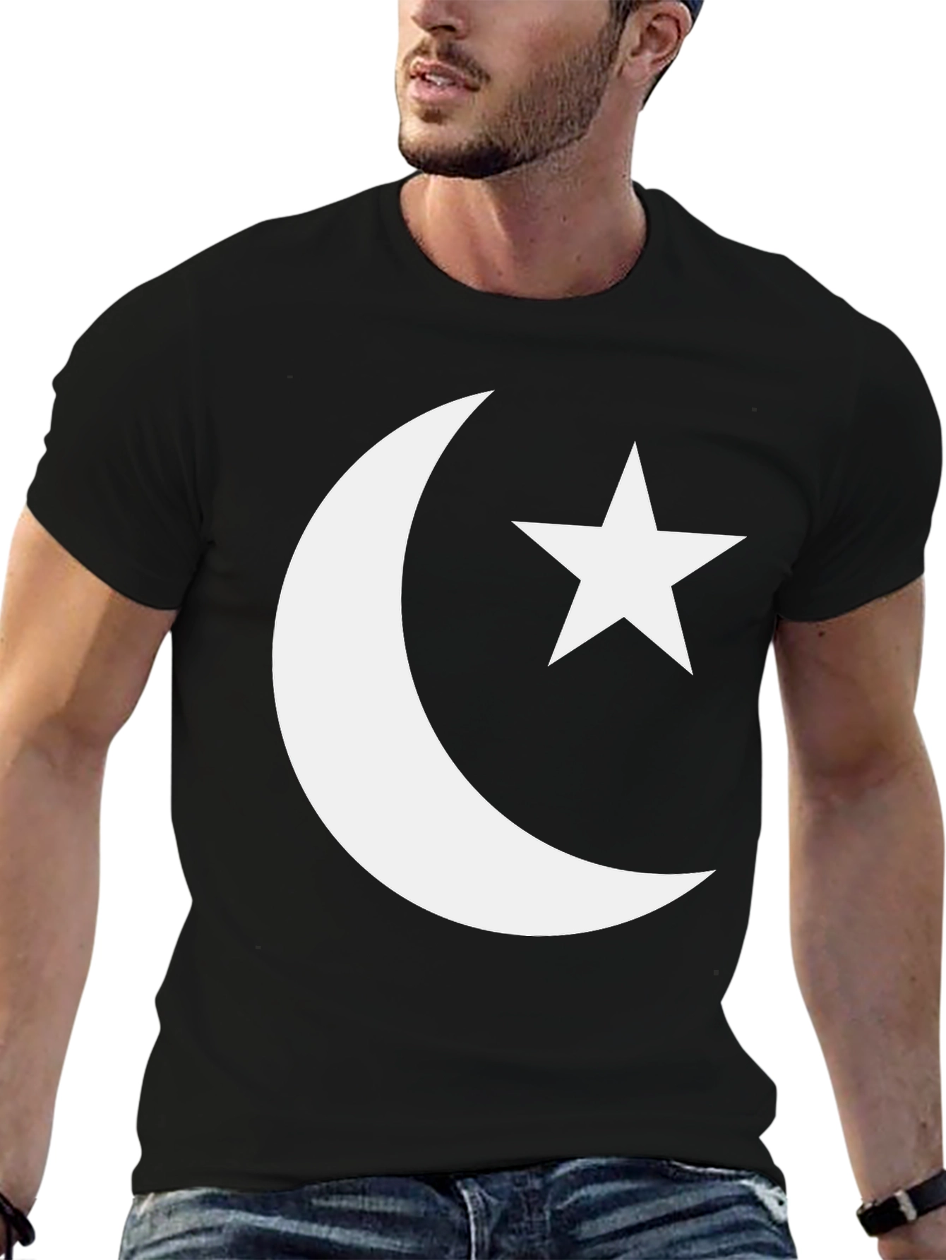 Black Crescent Moon & Star Graphic Tee - Black Cotton Blend view 6