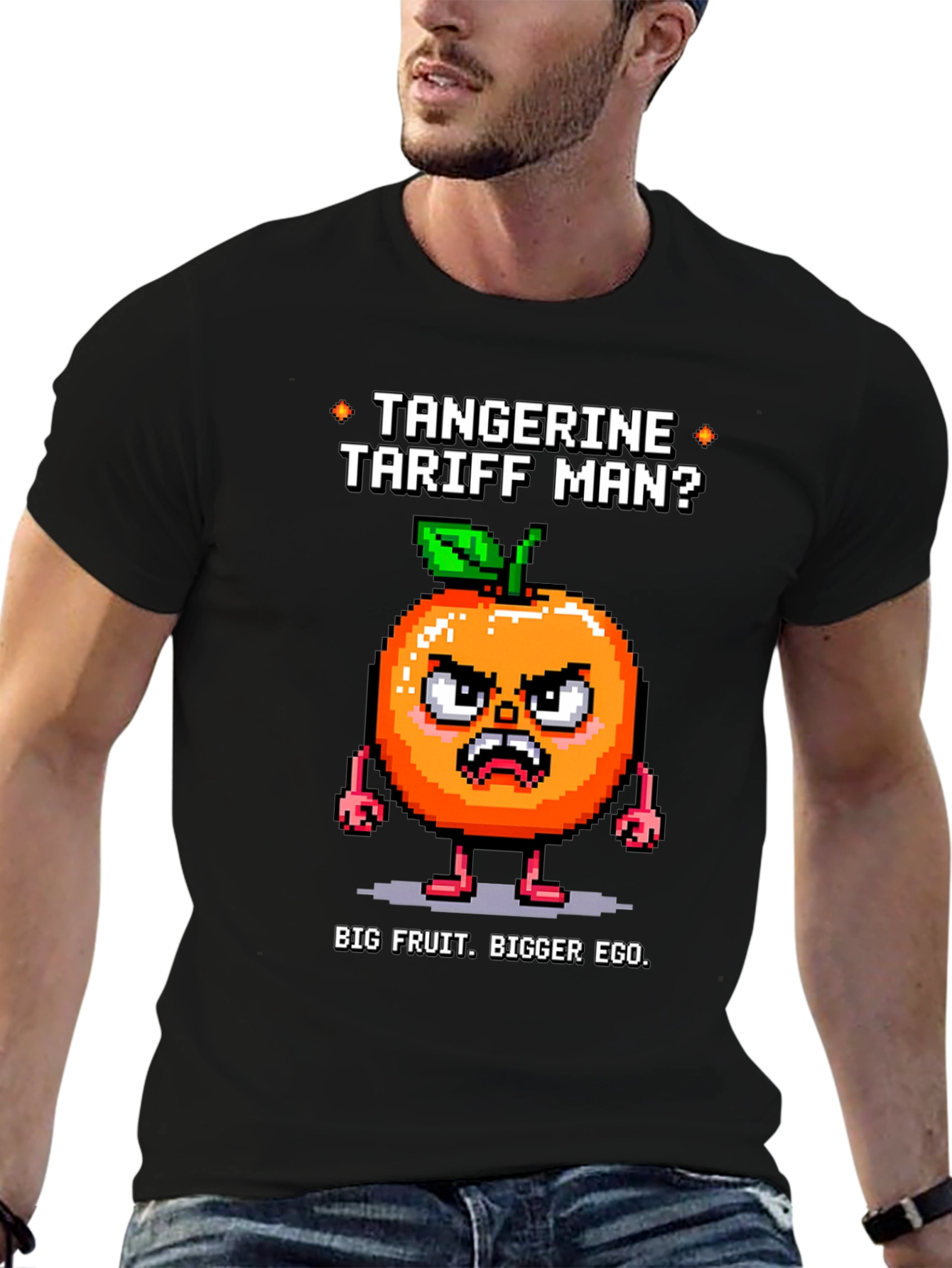 Black Tangerine Tariff Man Black T-Shirt view 6