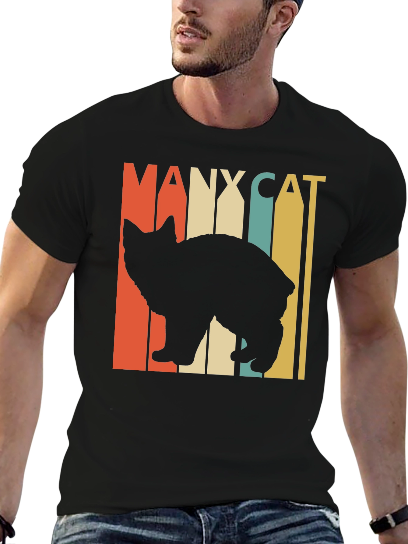 Black Manx Cat Retro Style T-Shirt - Vintage Design view 6