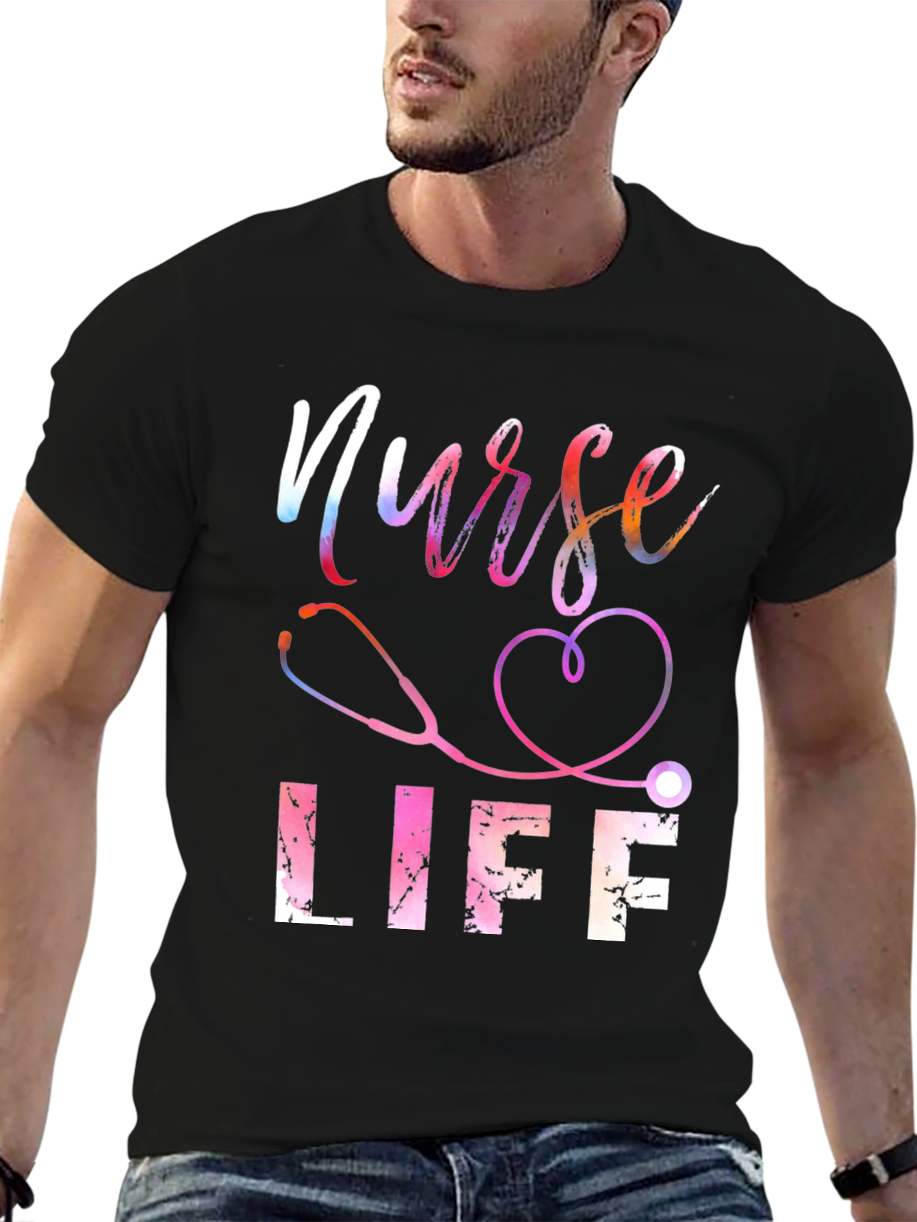 Black Nurse Life T-Shirt - Stethoscope Heart view 6