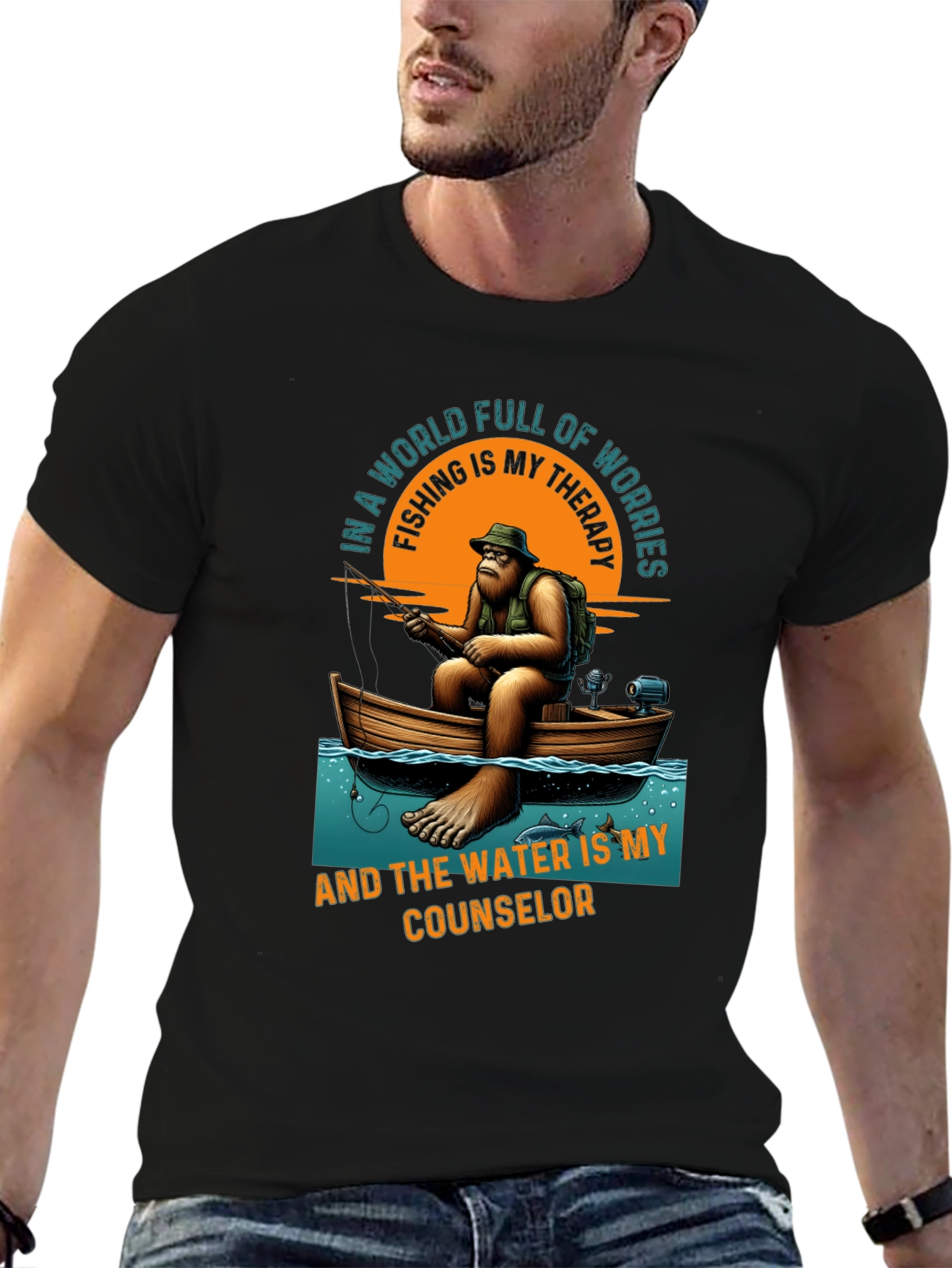 Black Fishing Therapy T-Shirt: Bigfoot Design view 6