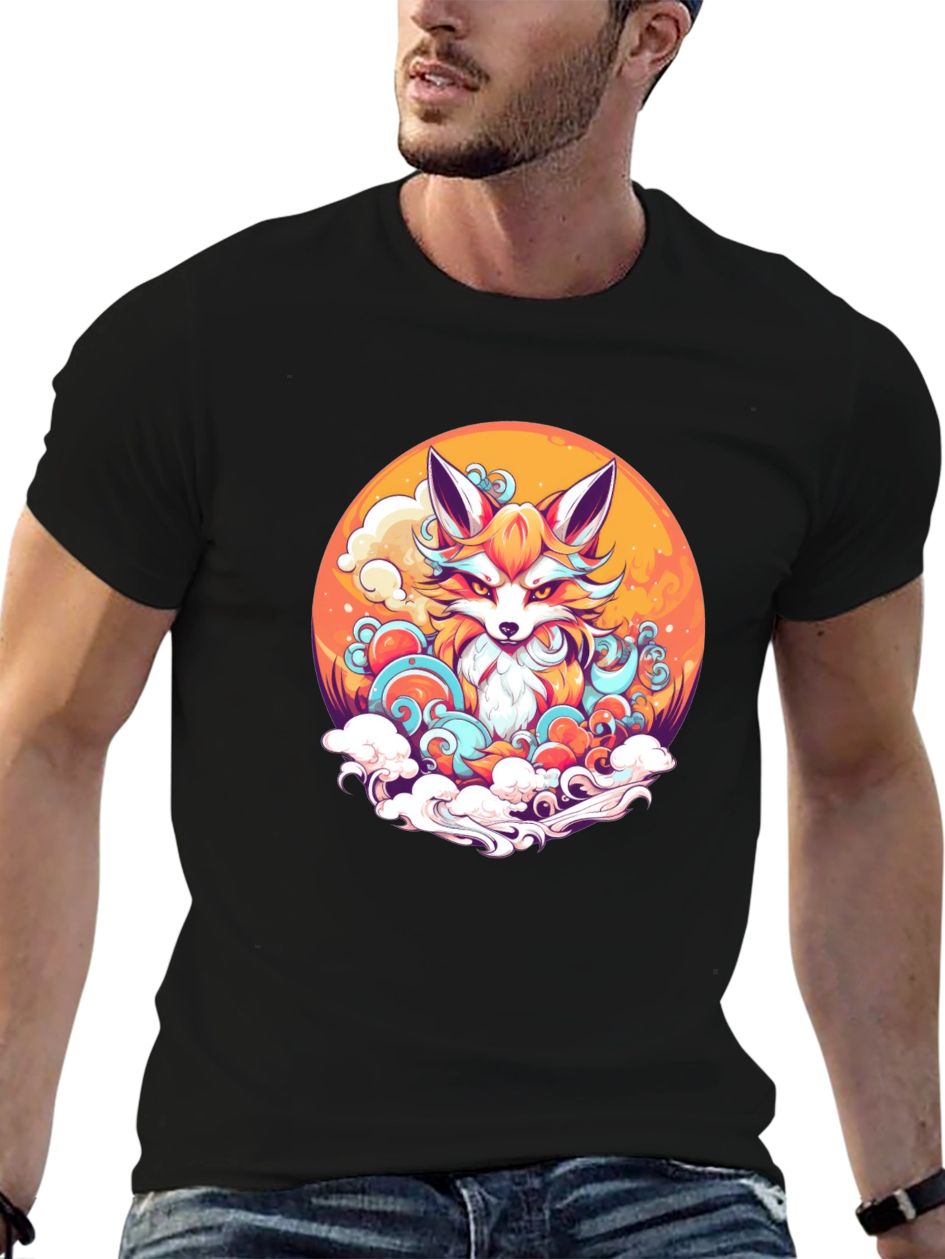 Anime Fox Graphic Black T-Shirt - 6