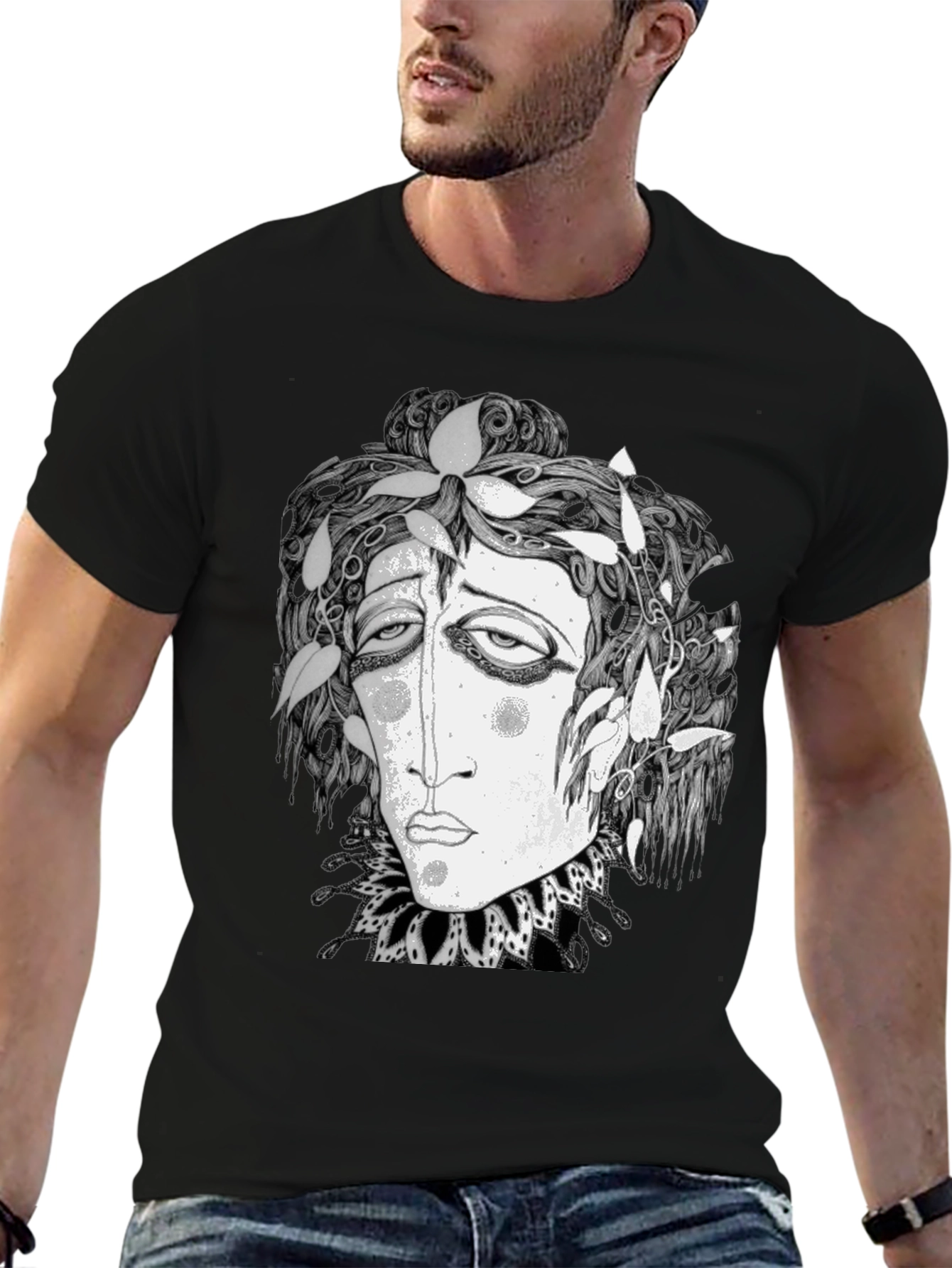Black Surreal Face Graphic Print Black T-Shirt view 6