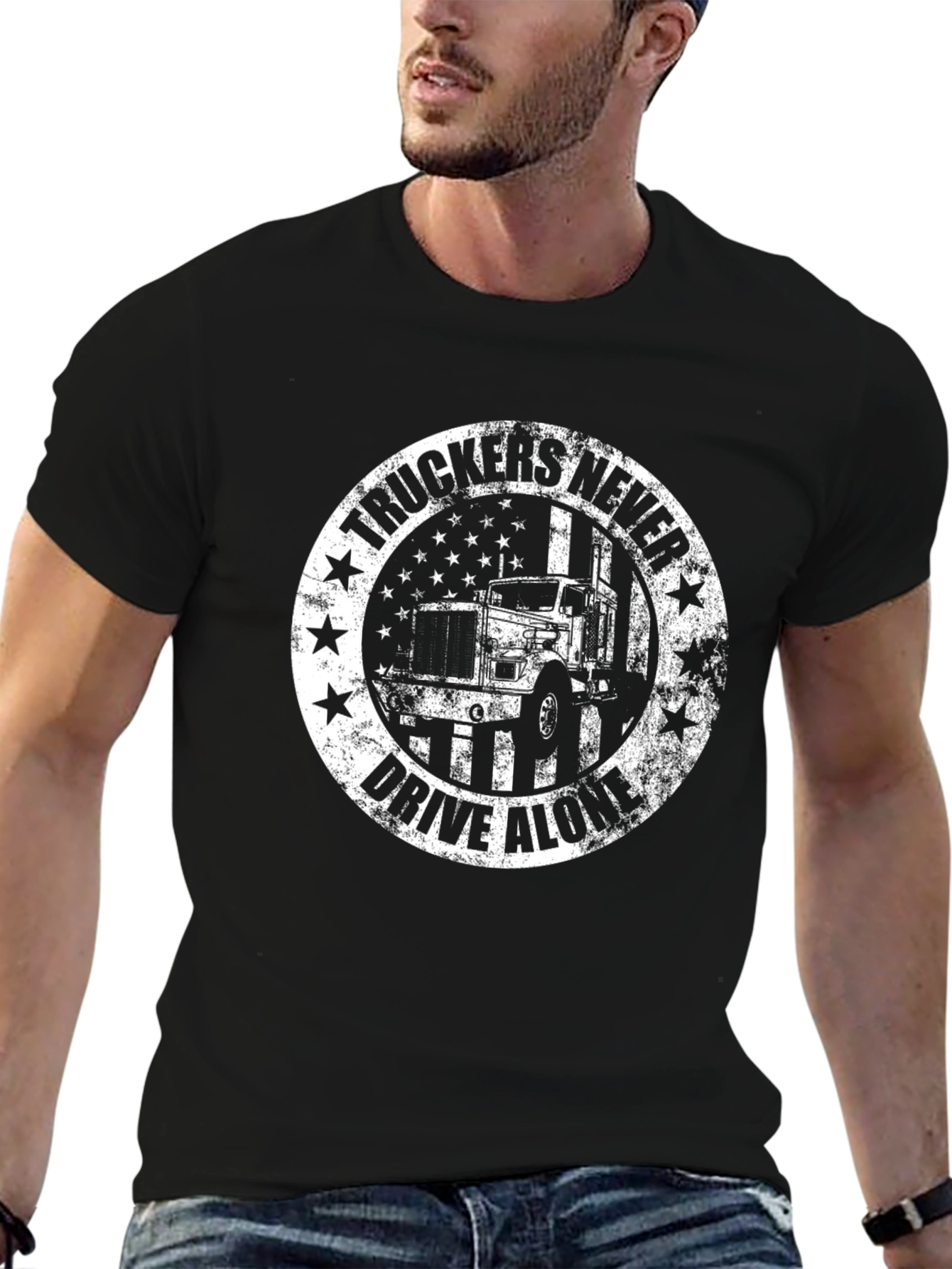 Black Truckers Never Drive Alone Black T-Shirt view 6