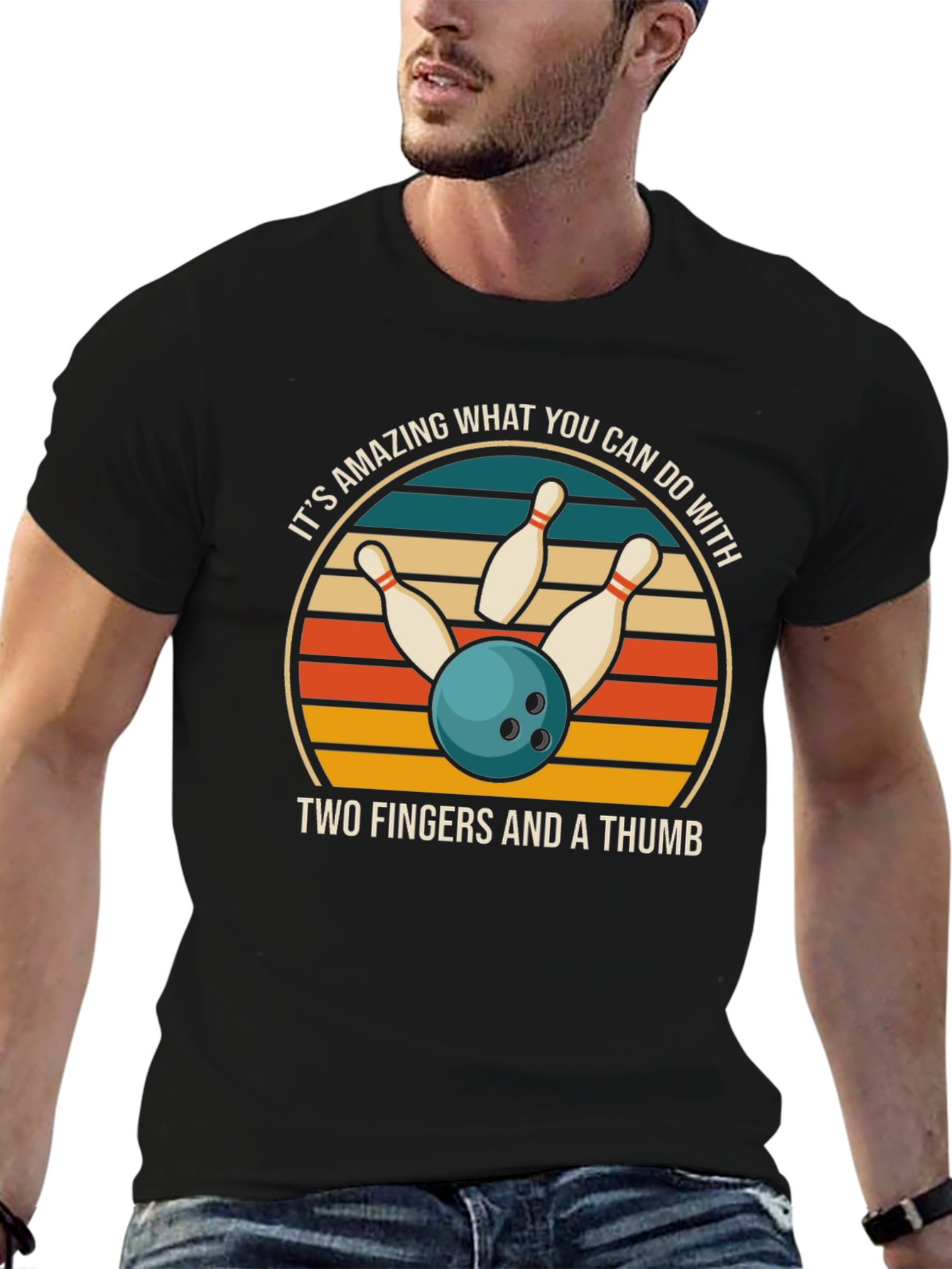 Black Bowling T-Shirt: Two Fingers & A Thumb view 6