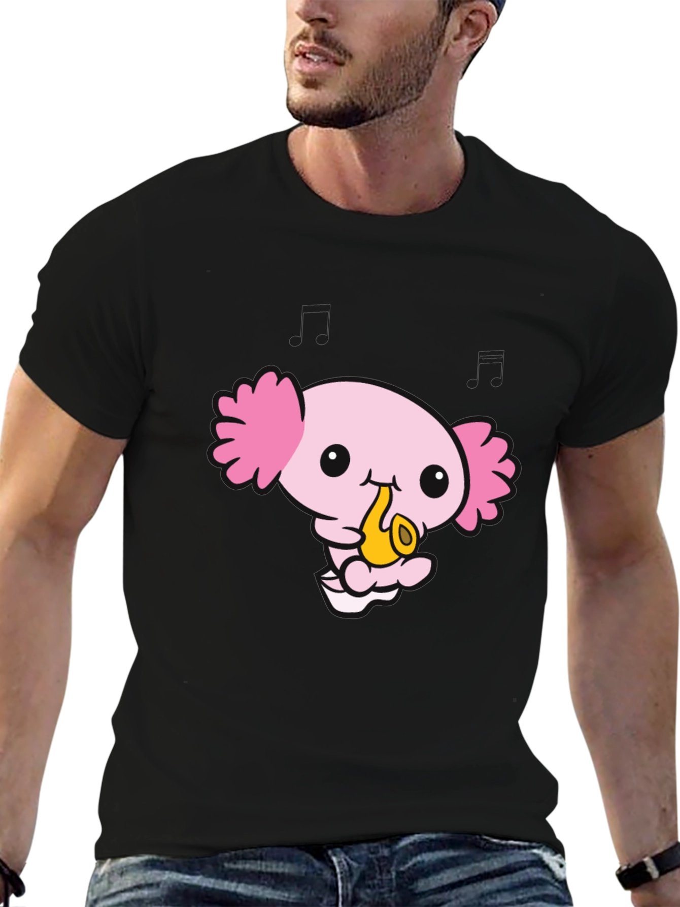 Black Axolotl Saxophone Black T-Shirt view 6