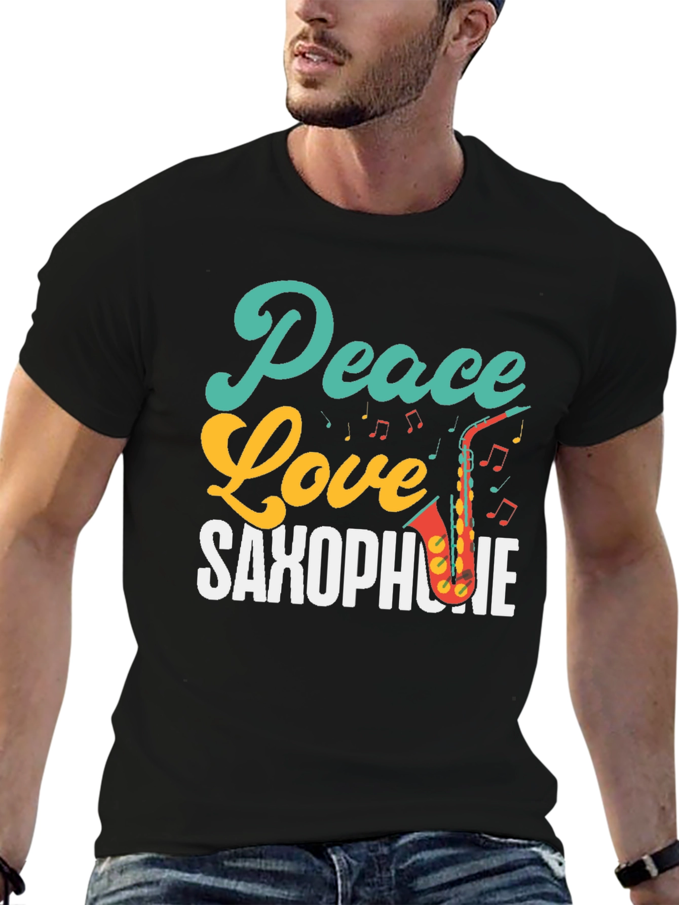 Black Peace Love Saxophone T-Shirt - Music Lover Tee view 6