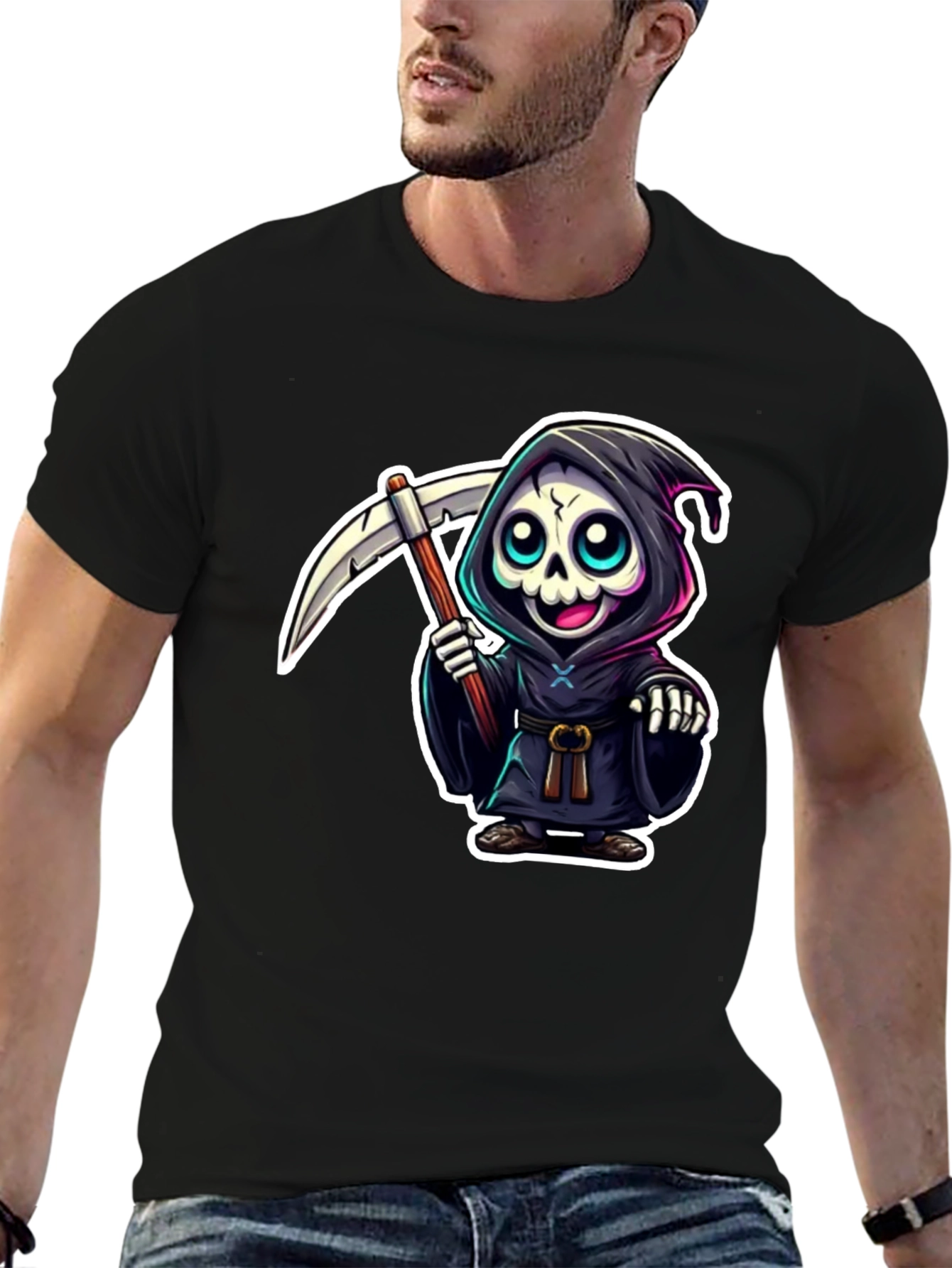 Black Grim Reaper Cartoon Graphic Black T-Shirt view 6