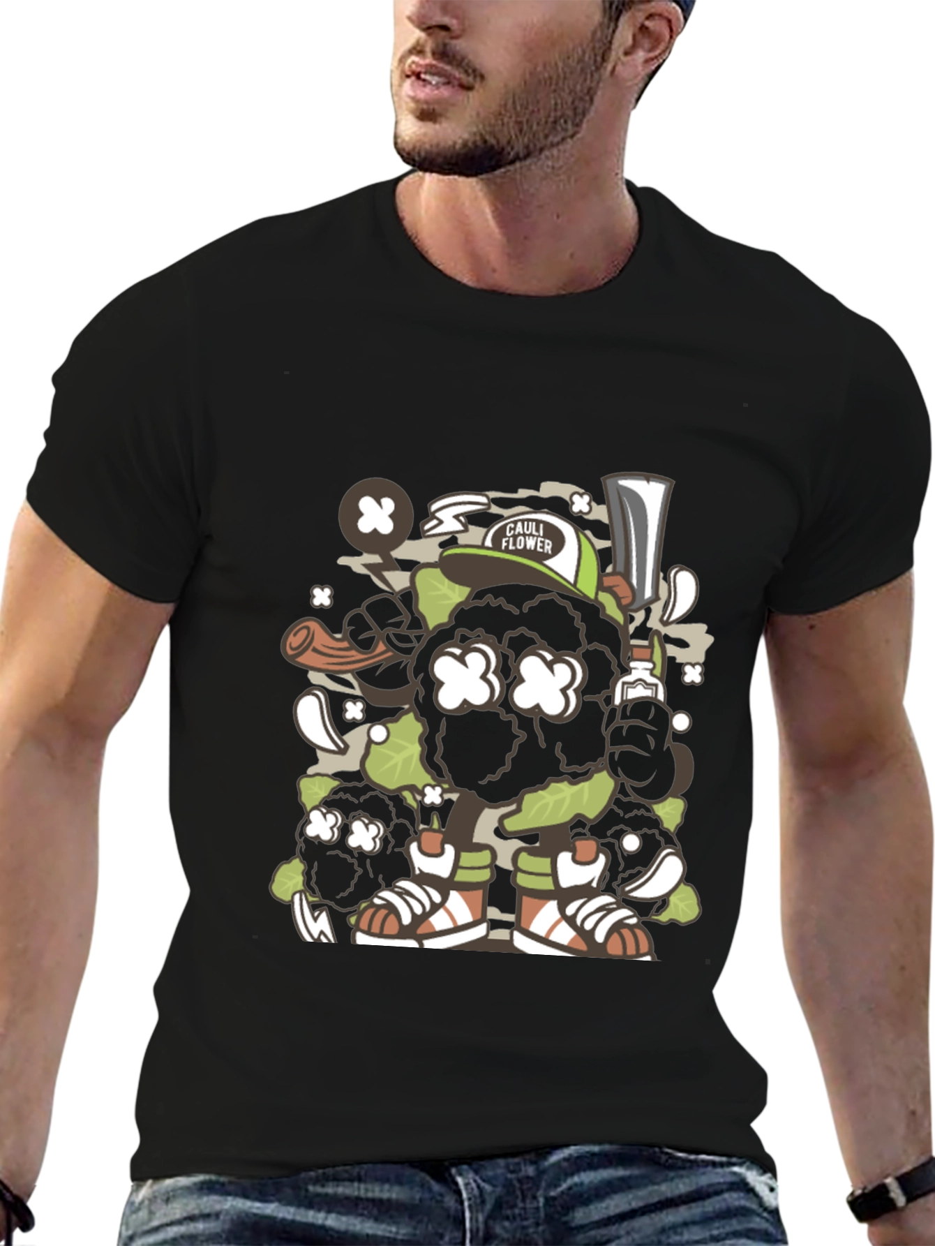 Black Cauliflower Cartoon Graphic Black T-Shirt view 6