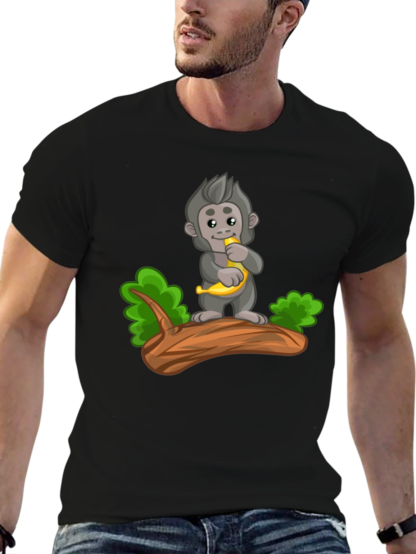 Black Monkey Banana Cartoon Black T-Shirt view 6