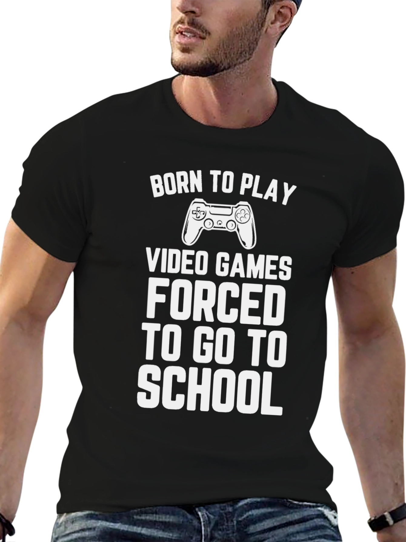 Black Born to Play Video Games Funny Black Graphic Tee view 6