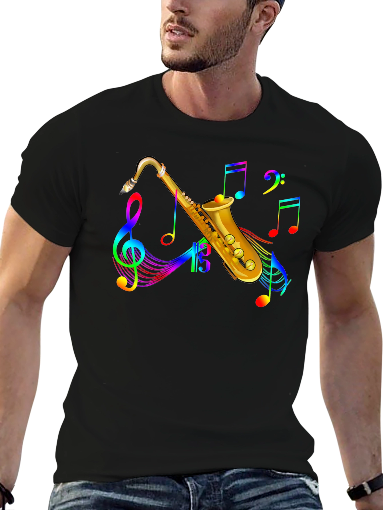 Black Rainbow Saxophone Music Notes Black T-Shirt view 6