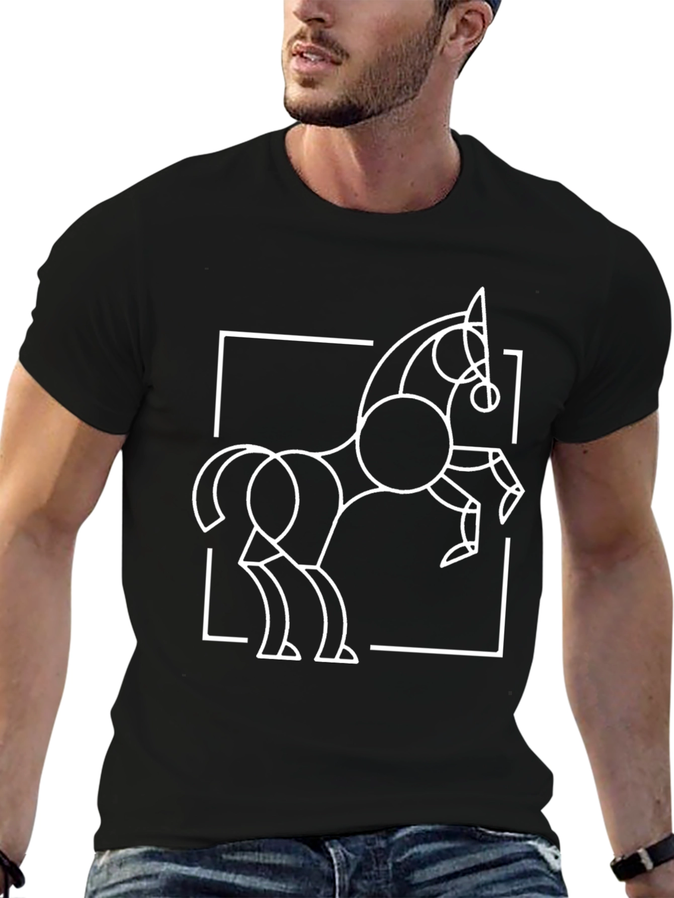 Black Geometric Horse Graphic Tee - Stylish Men's Black T-Shirt view 6