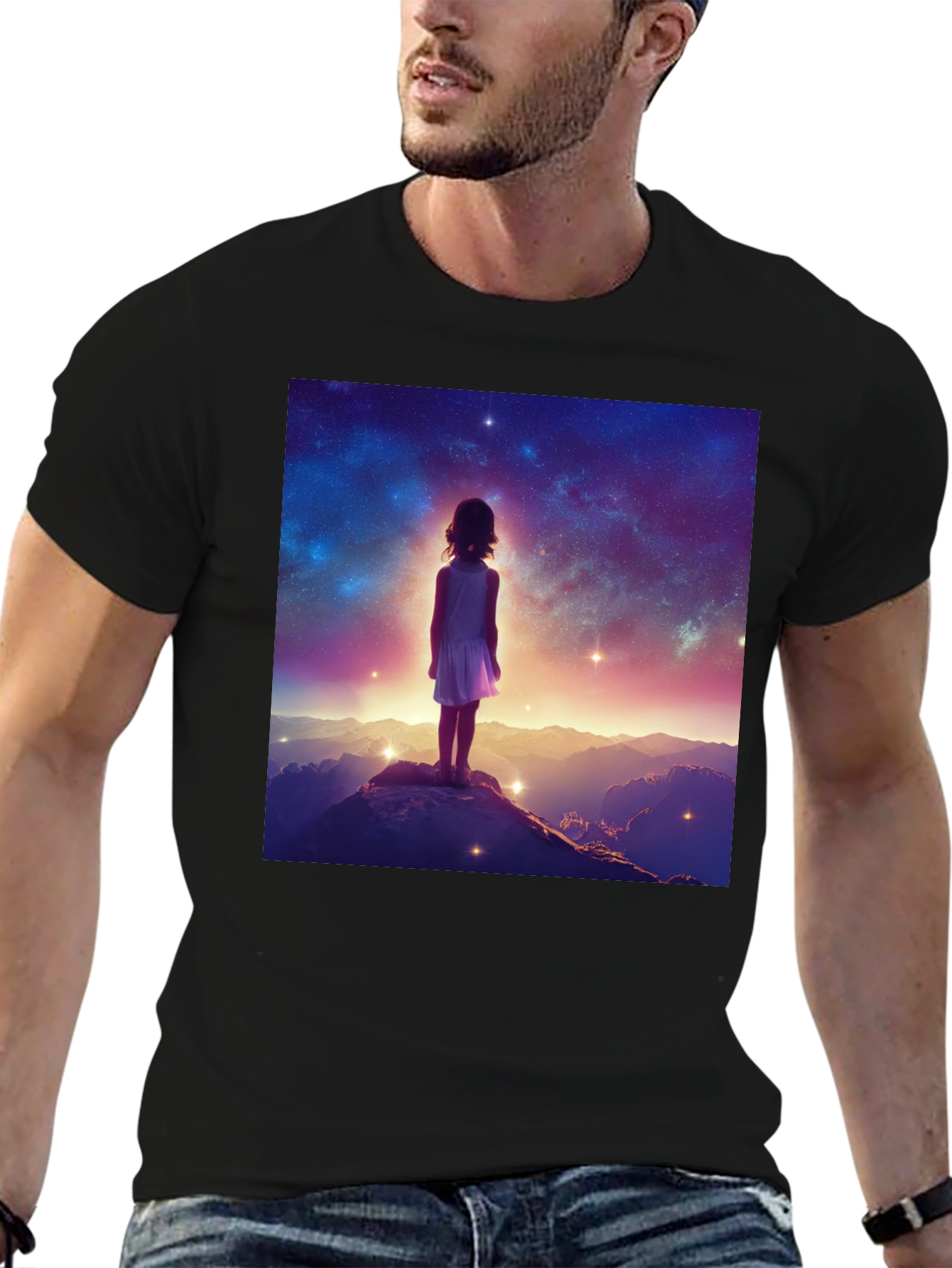 Black Cosmic Dreamer Graphic Tee - Black Cotton Blend view 6