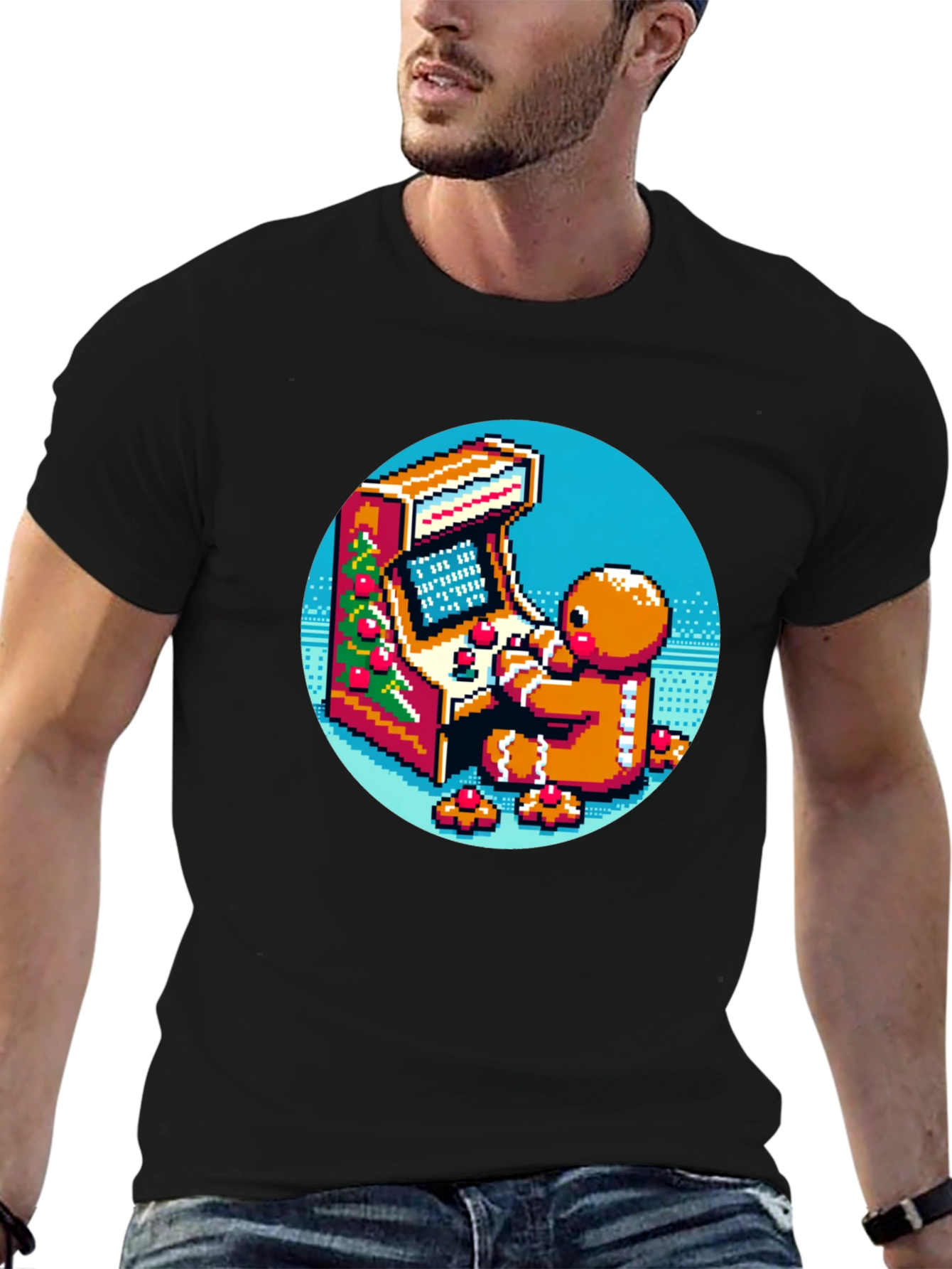 Black Gingerbread Gamer T-Shirt - Retro Pixel Arcade Fun view 6