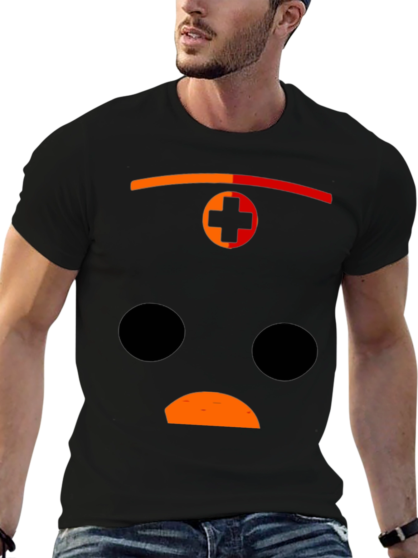 Black Graphic Print Black T-Shirt with Sad Face Design view 6